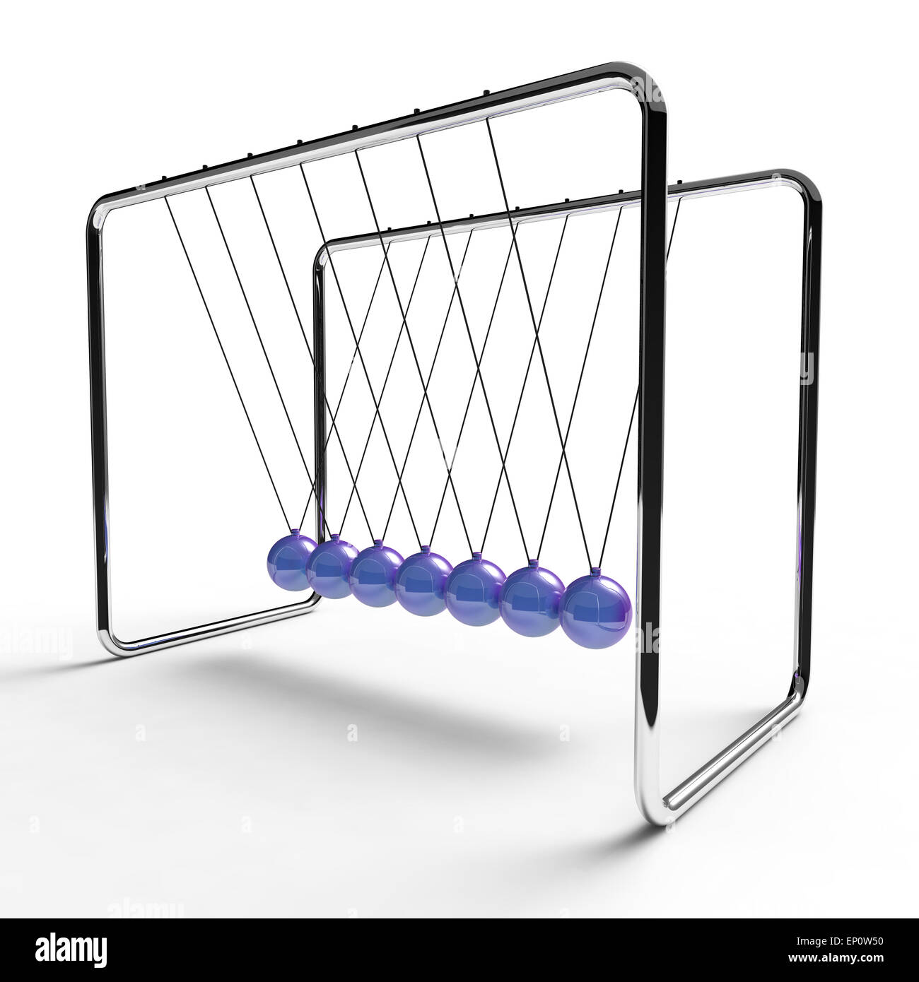 newton's cradle with indigo coloured balls suspended from metal frame on a white background Stock Photo
