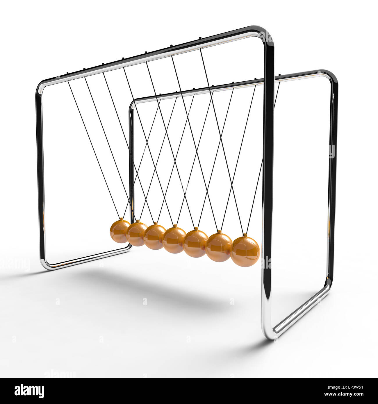 newton's cradle with orange coloured balls suspended from metal frame on a white background Stock Photo