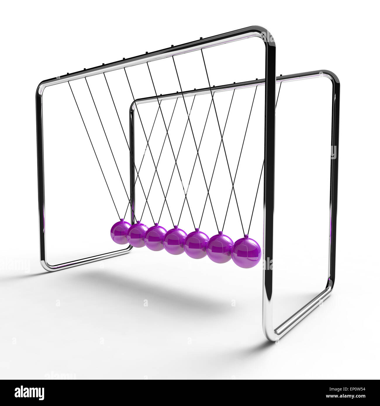 newton's cradle with violet coloured balls suspended from metal frame on a white background Stock Photo