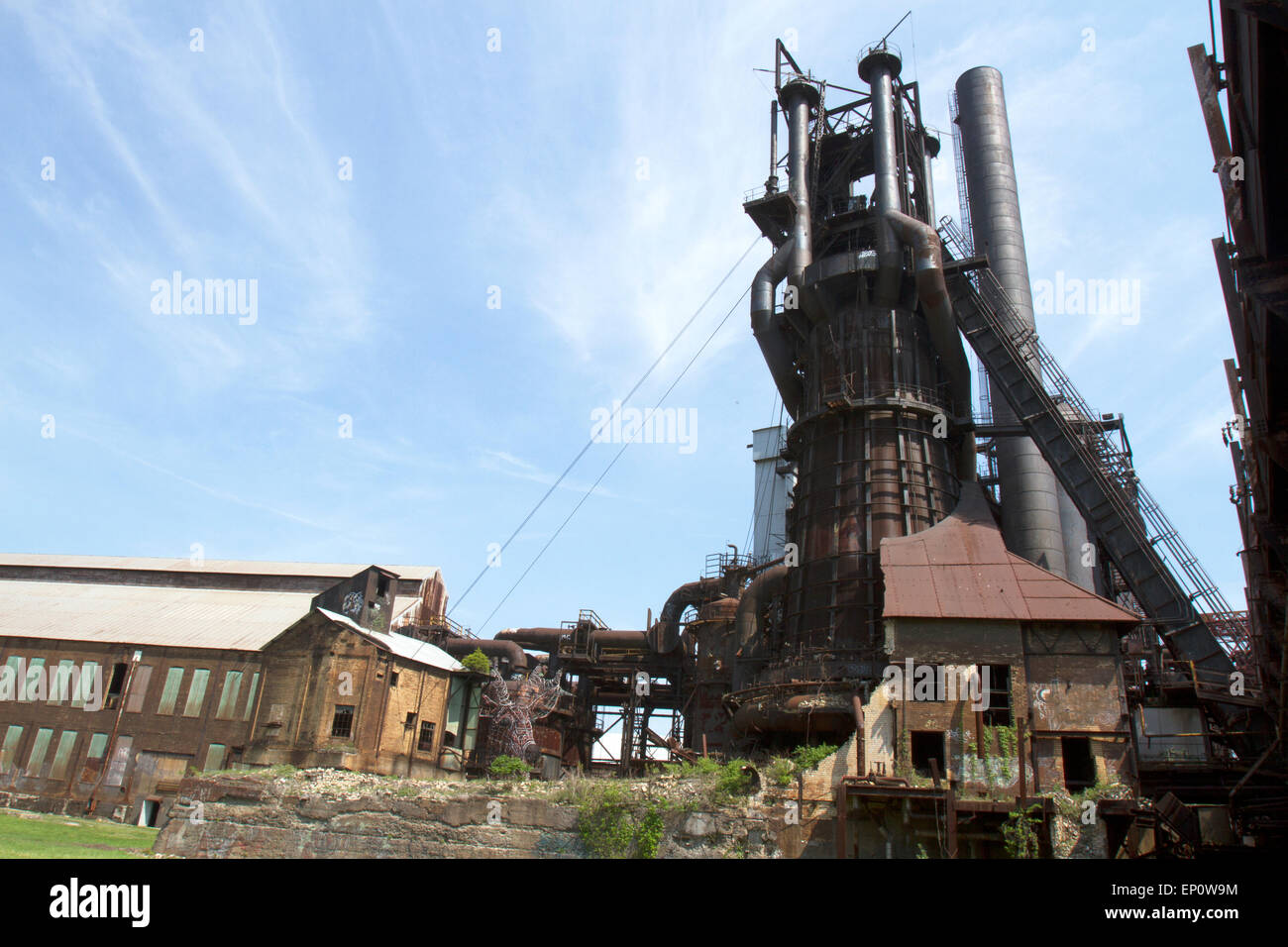 Blast furnace and factory structures in abandoned steel mill. Stock Photo