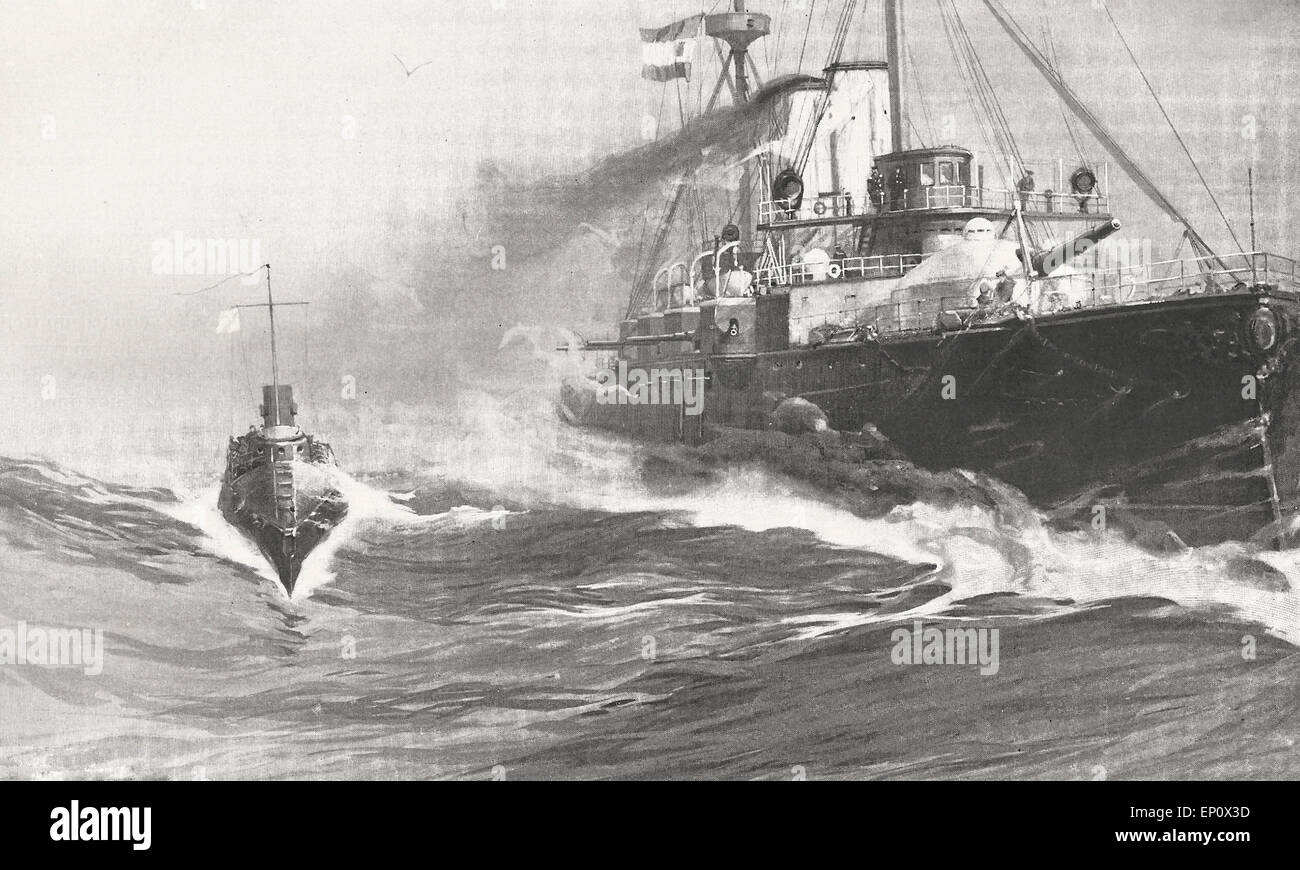 The Spanish Armored Cruiser Almirante Oquendo leaving Cadiz, Spain during Spanish American War Stock Photo