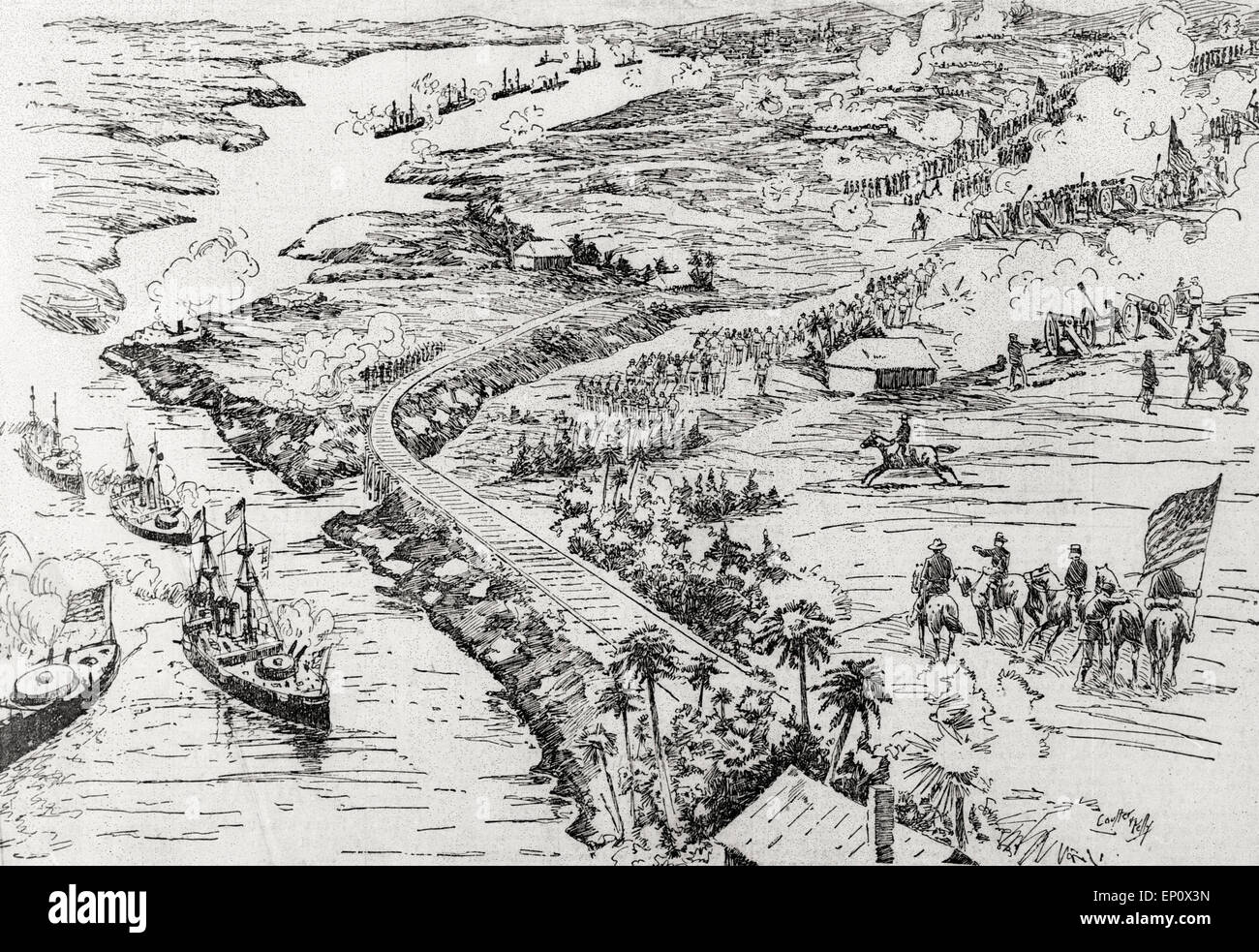 Battling all along the Line before Santiago - View of the scene of an action showing General Lawton's division attacking at Caney on the right and General Joe Wheeler's in the center, while General Kent on the left moves on Aguadores and Sampson's fleet bombards Morro and the other forts at the entrance.  The Spanish Fleet in the upper harbor is also taking part in the fight Stock Photo