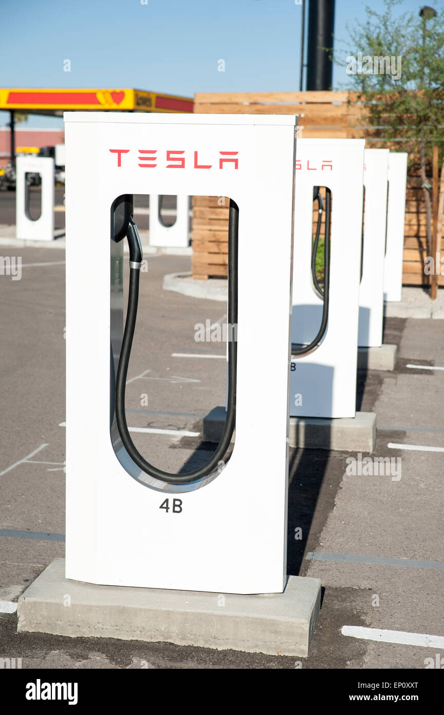 A Tesla electric vehicle charging station at Gila Bend, Arizona, USA