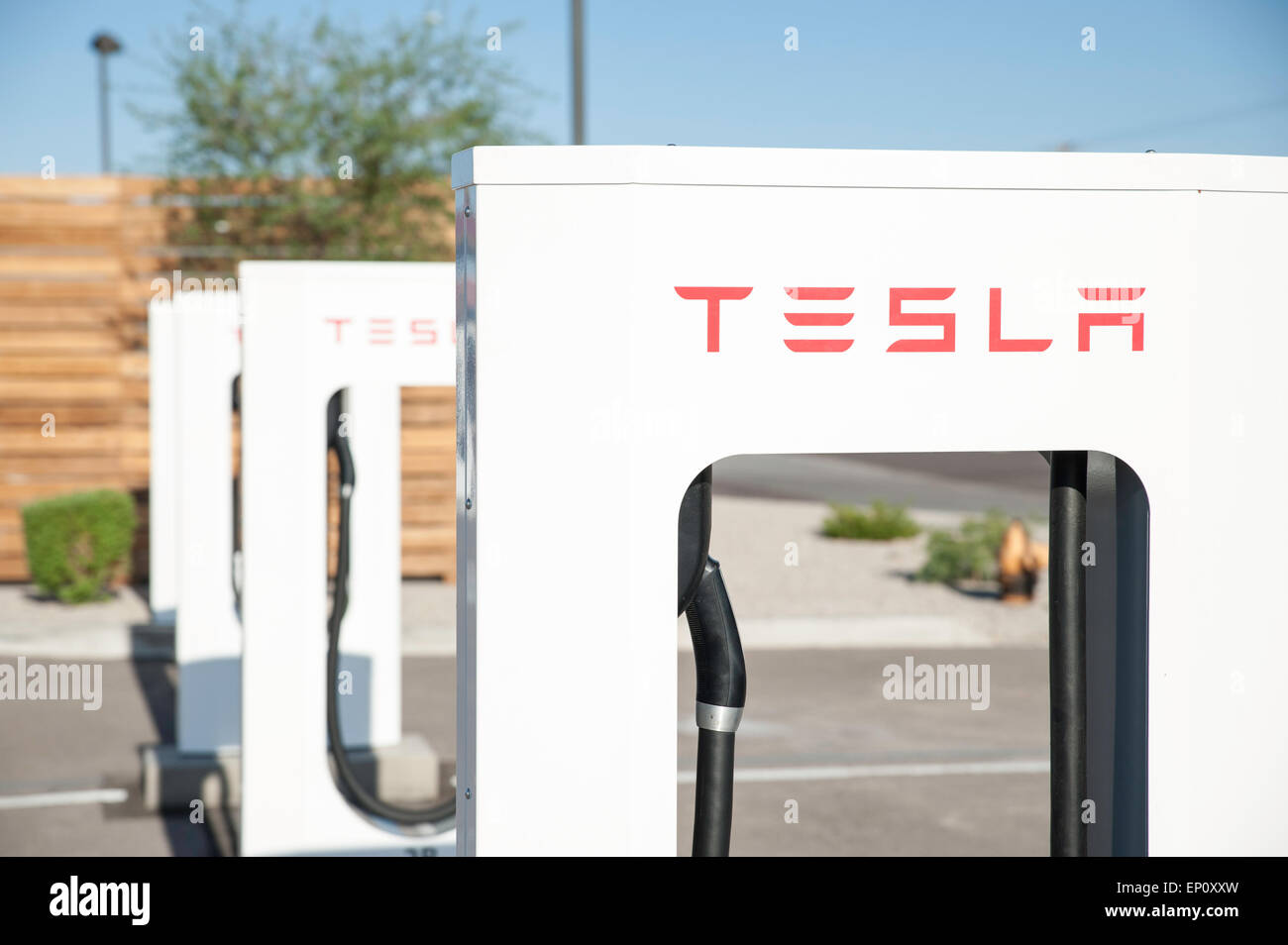 A Tesla electric vehicle charging station at Gila Bend, Arizona, USA