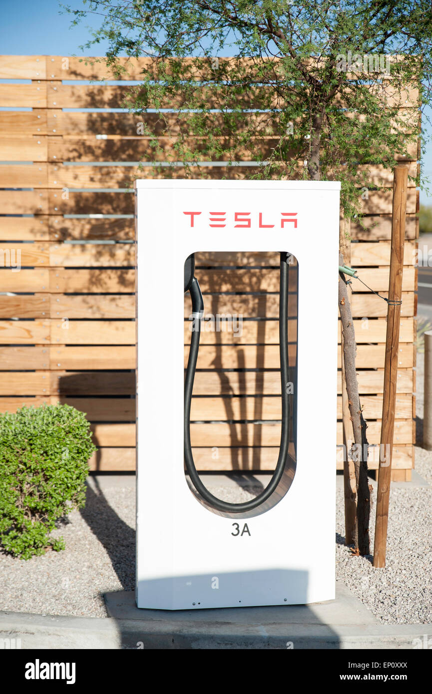 A Tesla electric vehicle charging station at Gila Bend, Arizona, USA