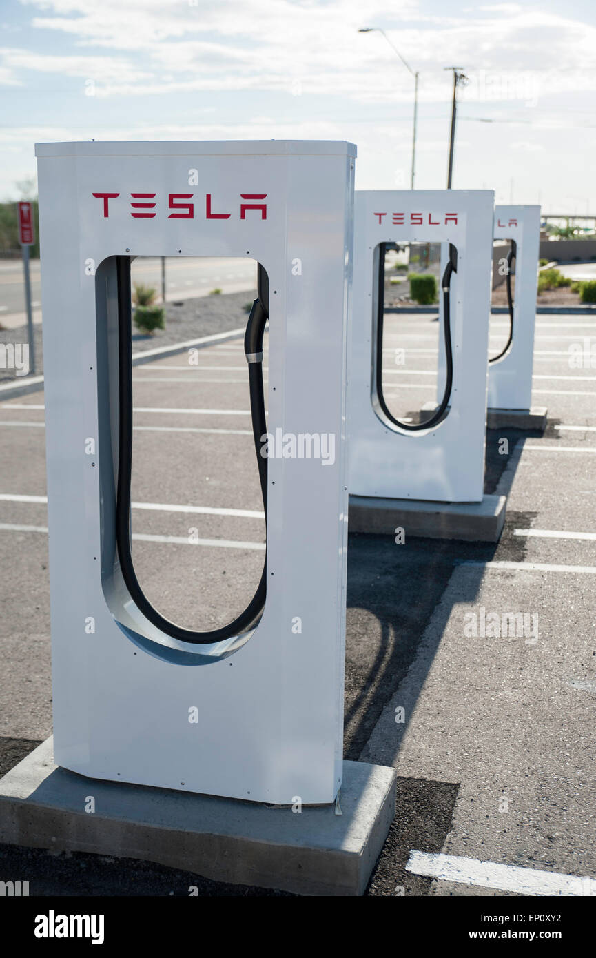 A Tesla electric vehicle charging station at Gila Bend, Arizona, USA