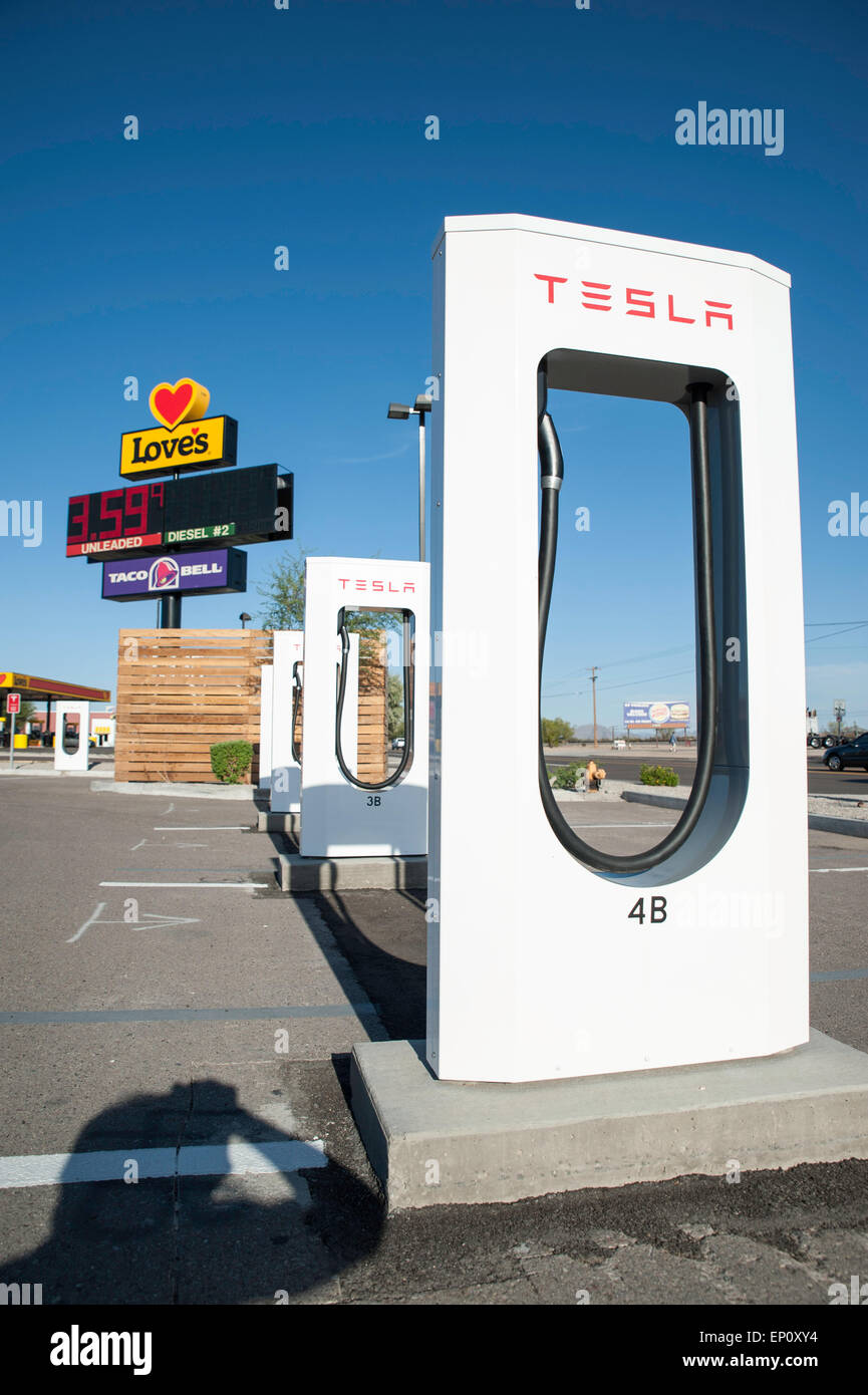 A Tesla electric vehicle charging station at Gila Bend, Arizona, USA