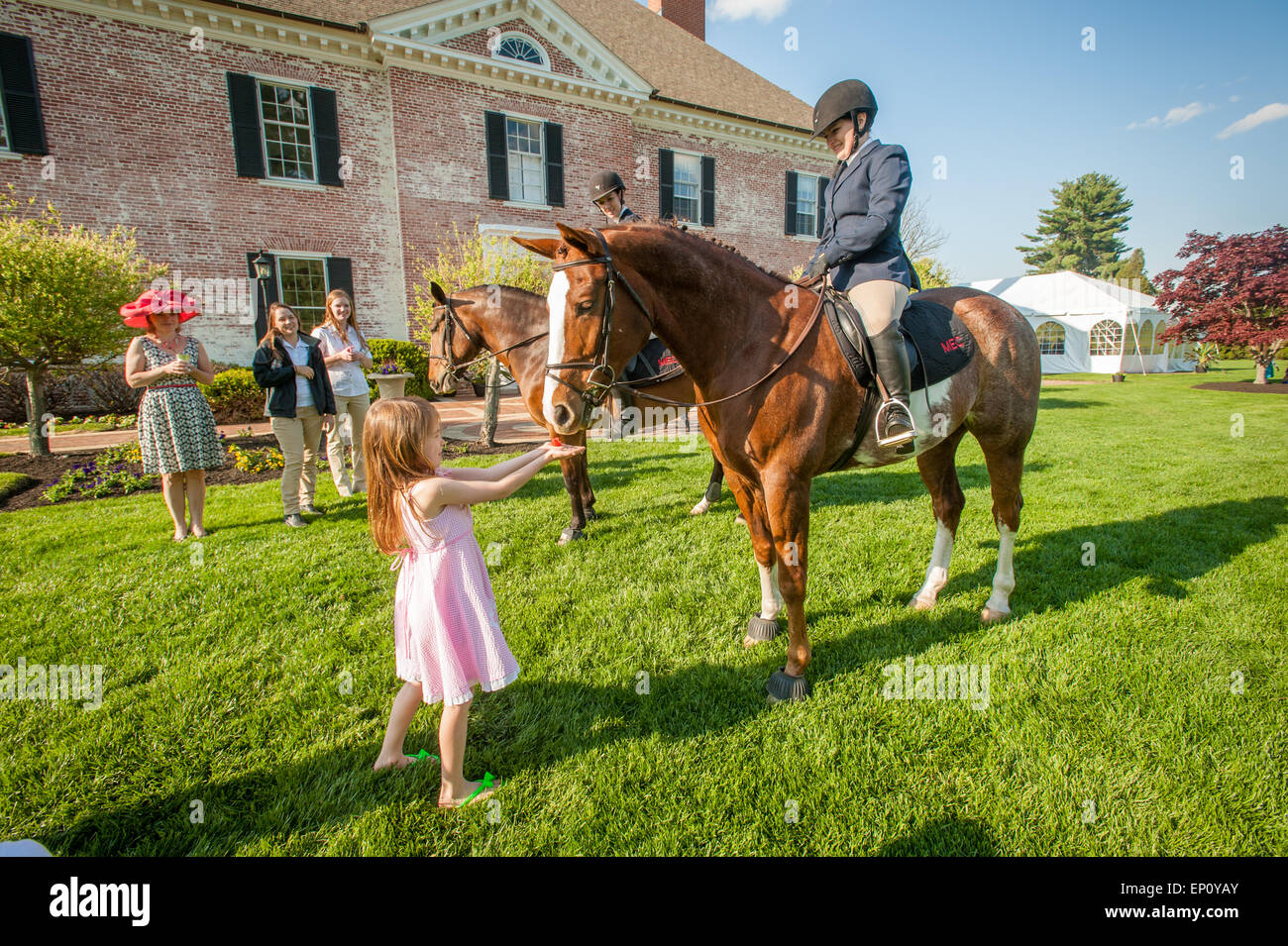 Girl feeding a strawberry to a horse in front of a Georgian mansion in Baltimore County, Maryland, USA Stock Photo