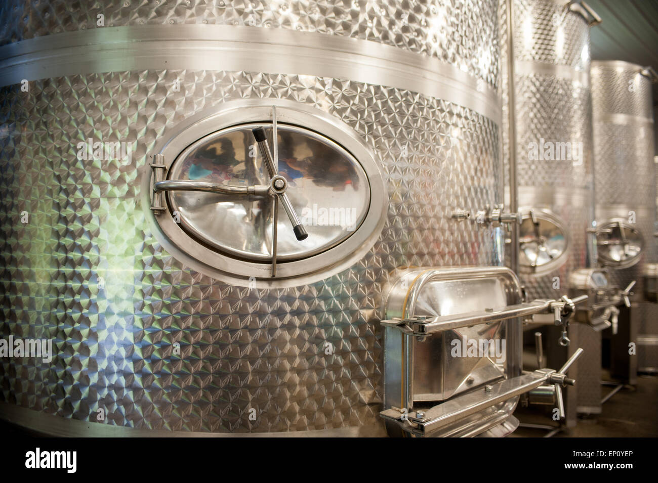 Stainless steel wine vats in Dorchester county, Maryland, USA Stock Photo