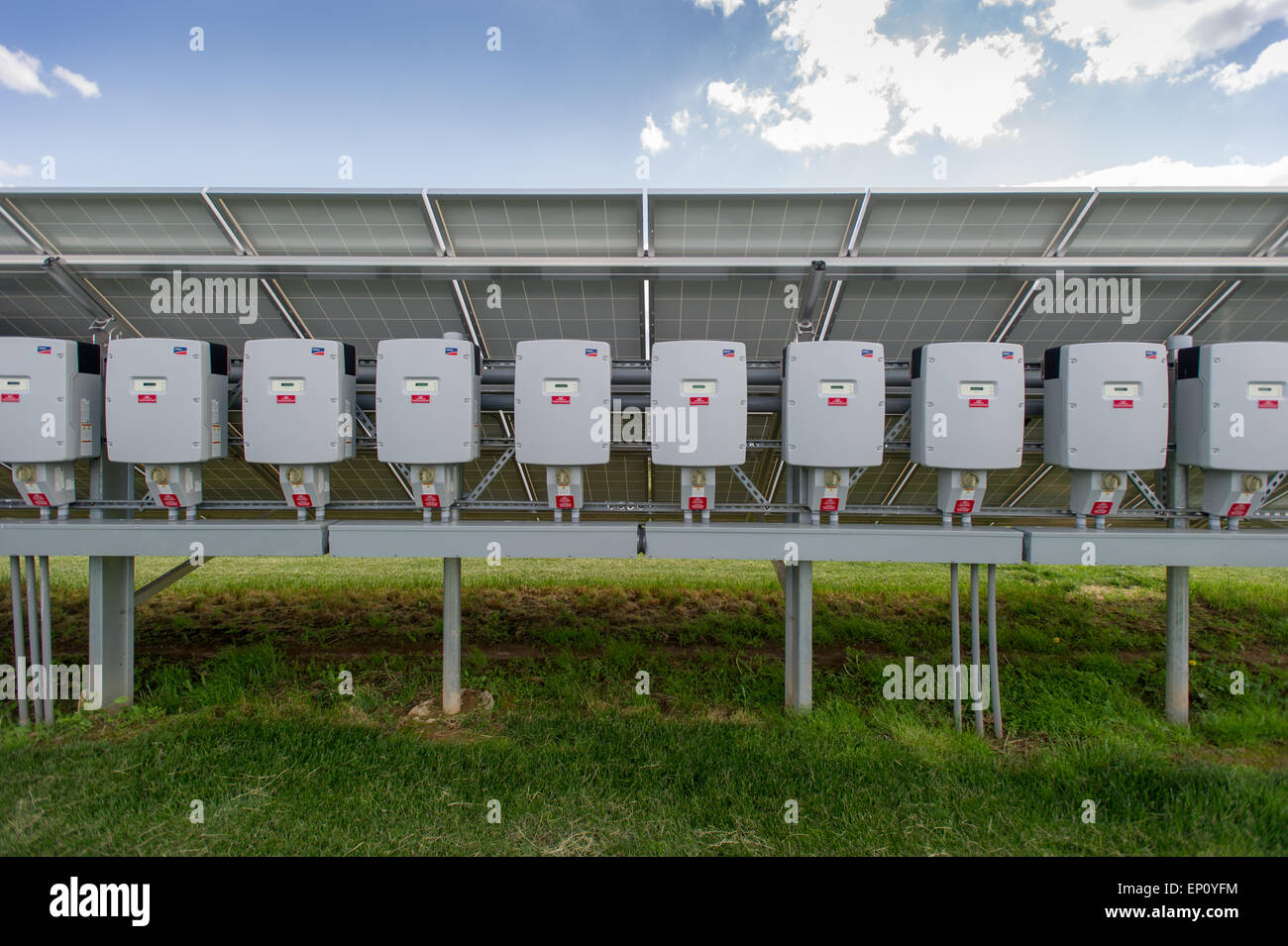 Meters attached to solar panels in Elizabethtown, Pennsylvania, USA Stock Photo