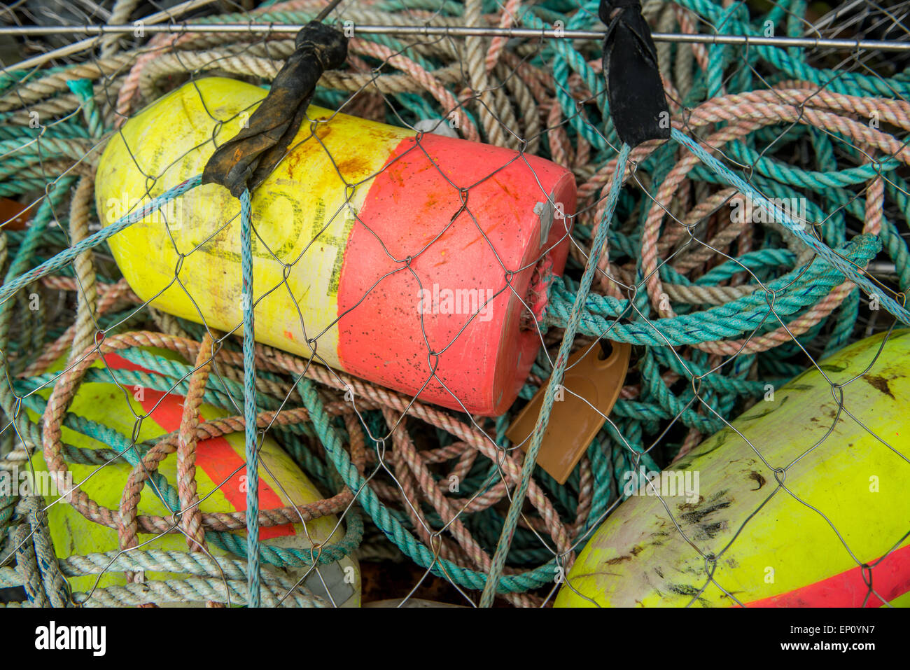Buoys tangled in net in Oregon, USA Stock Photo