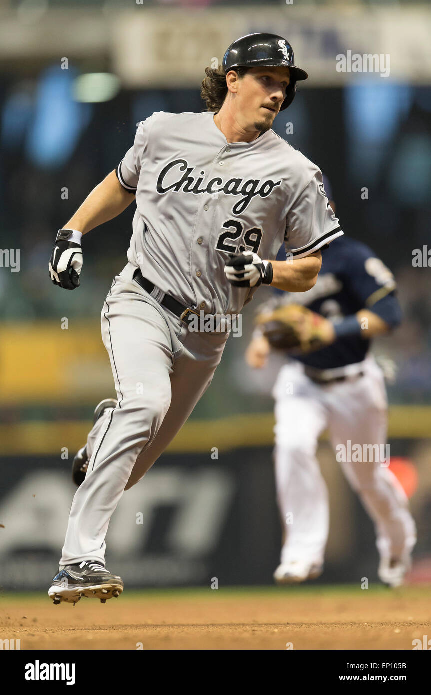 Milwaukee, WI, USA. 11th May, 2015. Chicago White Sox starting pitcher Jeff Samardzija #29 races toward third base during the Major League Baseball game between the Milwaukee Brewers and the Chicago White Sox at Miller Park in Milwaukee, WI. Brewers defeated the Sox 10-7. John Fisher/CSM/Alamy Live News Stock Photo
