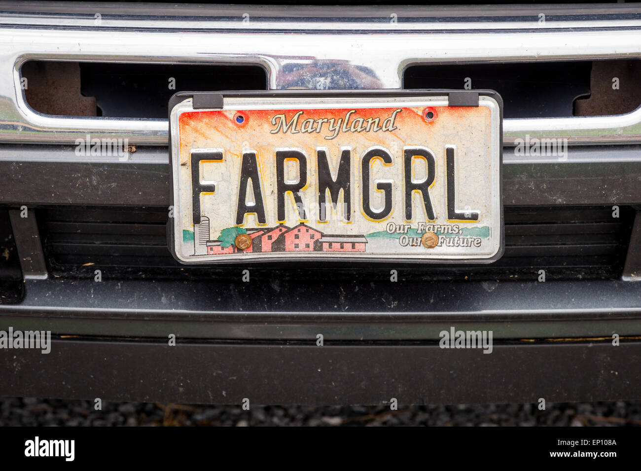 License Plate on truck for female farmer near  Federalsburg, Maryland, USA Stock Photo