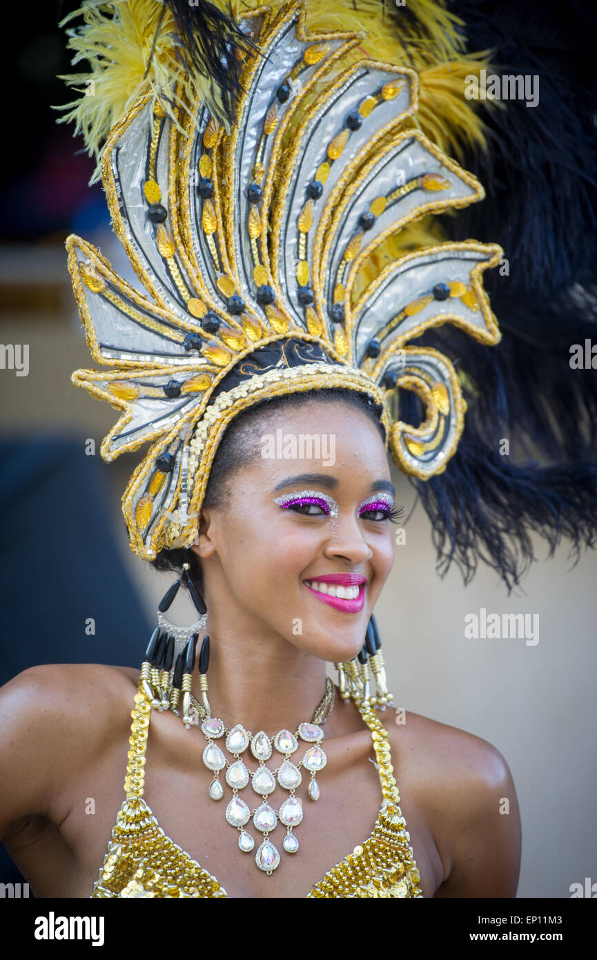 Woman in showgirl costume with large headdress. Stock Photo