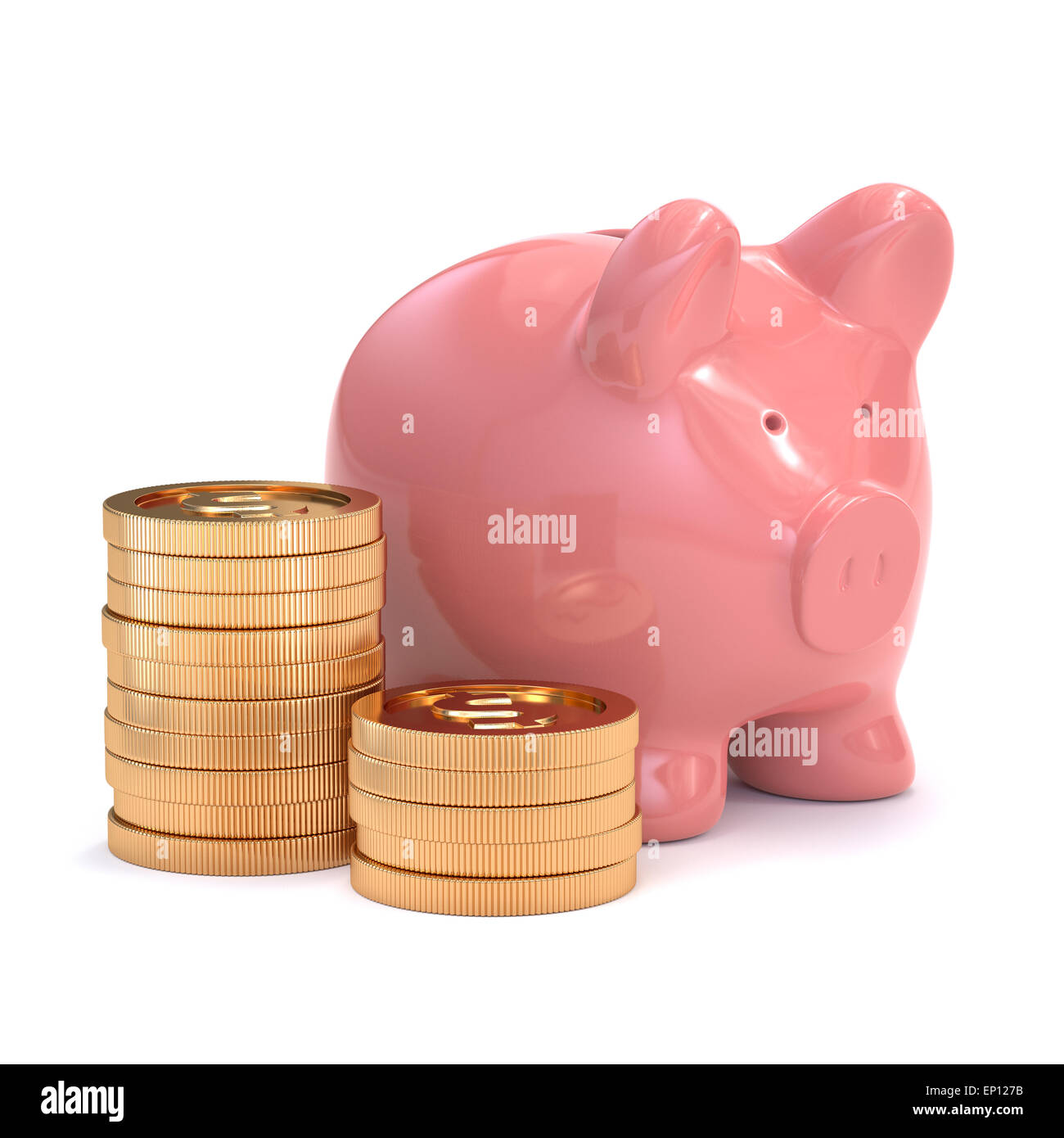 3d Rendering Of Pink Piggy Bank With Golden Coi!   ns Money And - 