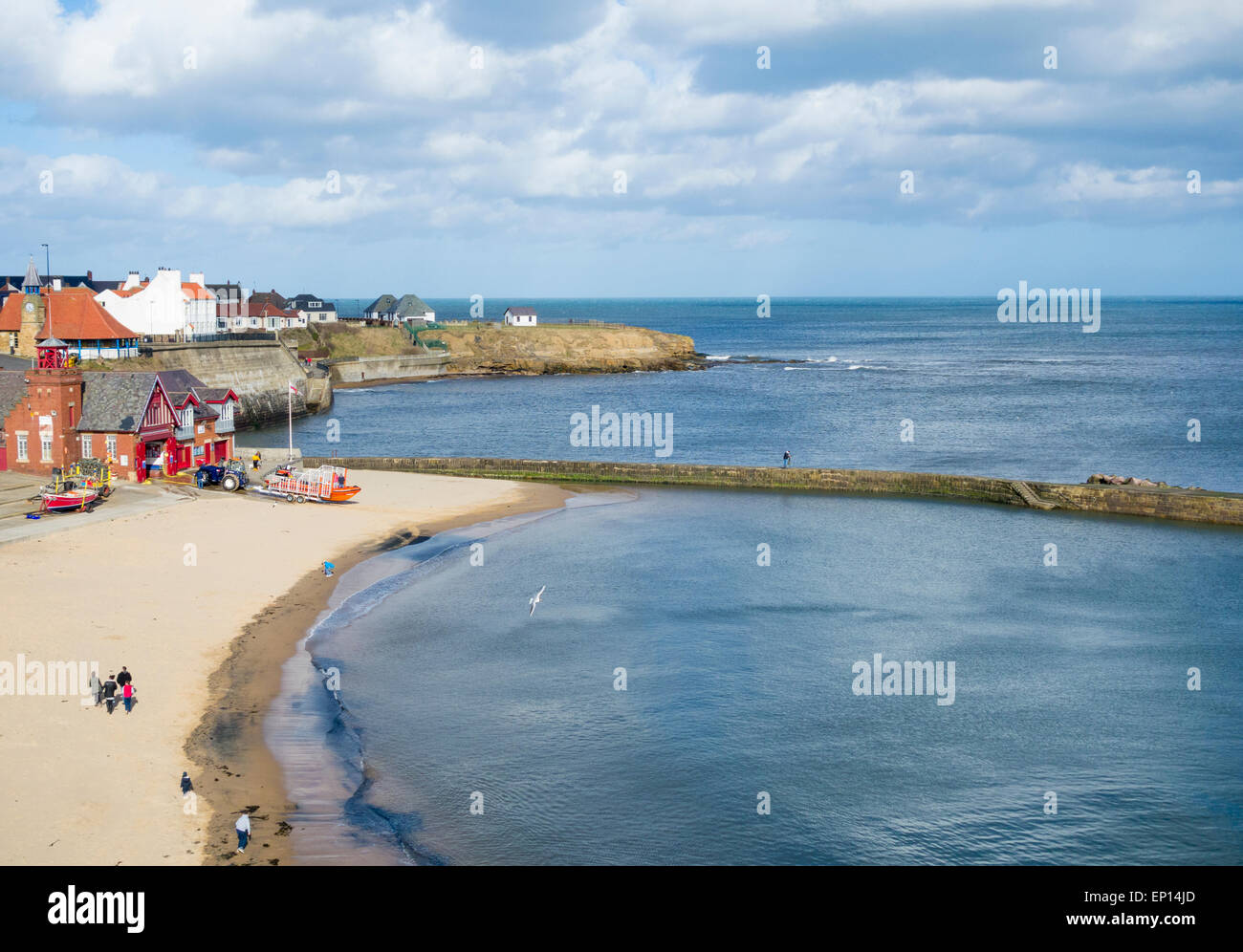 View over Cullercoats beach and RNLI Lifeboat station. Cullercoats, Tyne & Wear, north east England, UK Stock Photo
