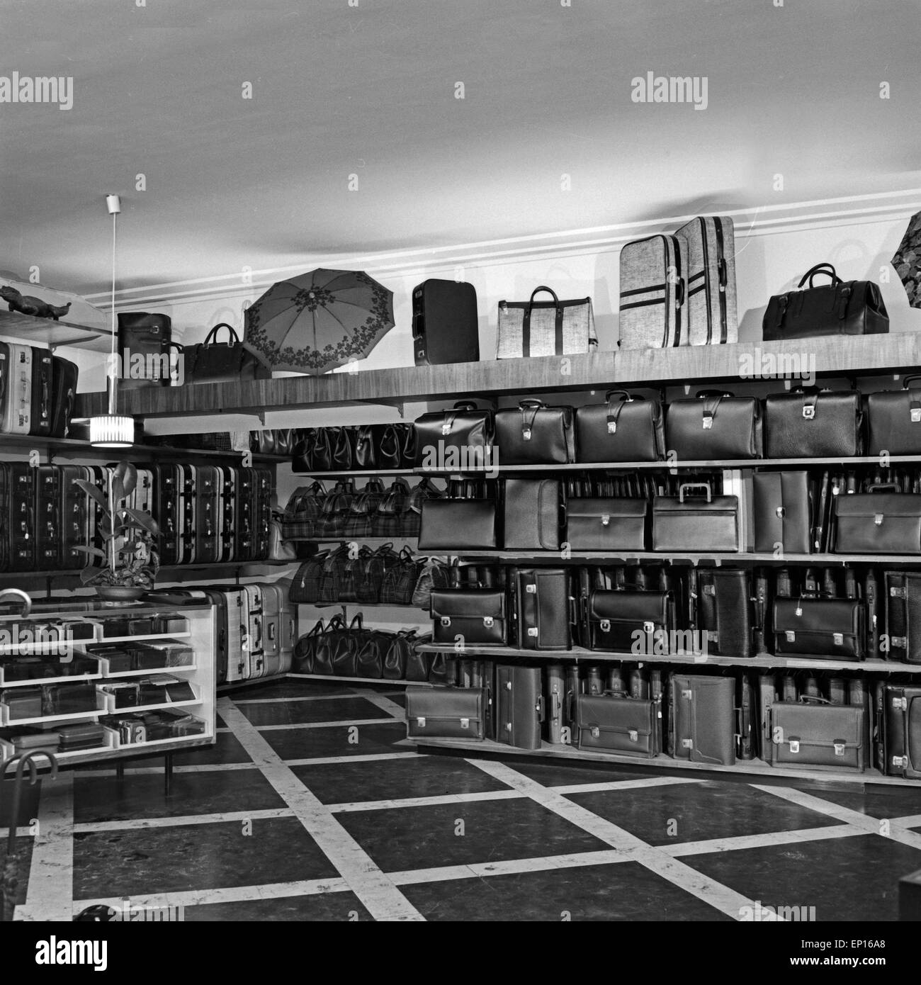 Sortiment in einem Leder- und Taschengeschäft in Hamburg, Deutschland  1960er Jahre. Filled shelving at a leather and bag store i Stock Photo -  Alamy
