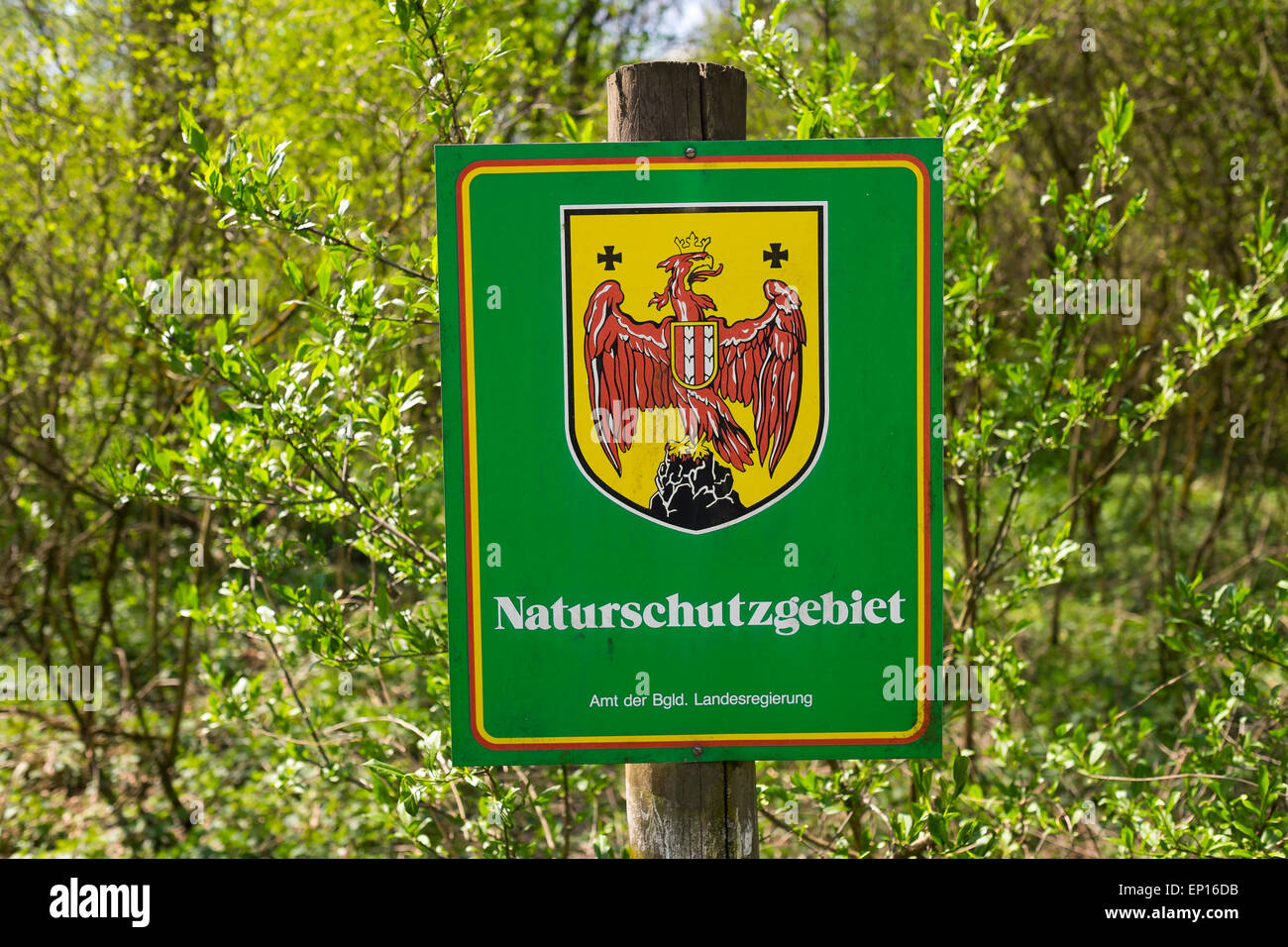 Nature reserve sign, Lafnitz-Stögersbach floodplains, Wolfau, southern Burgenland, Burgenland, Austria Stock Photo