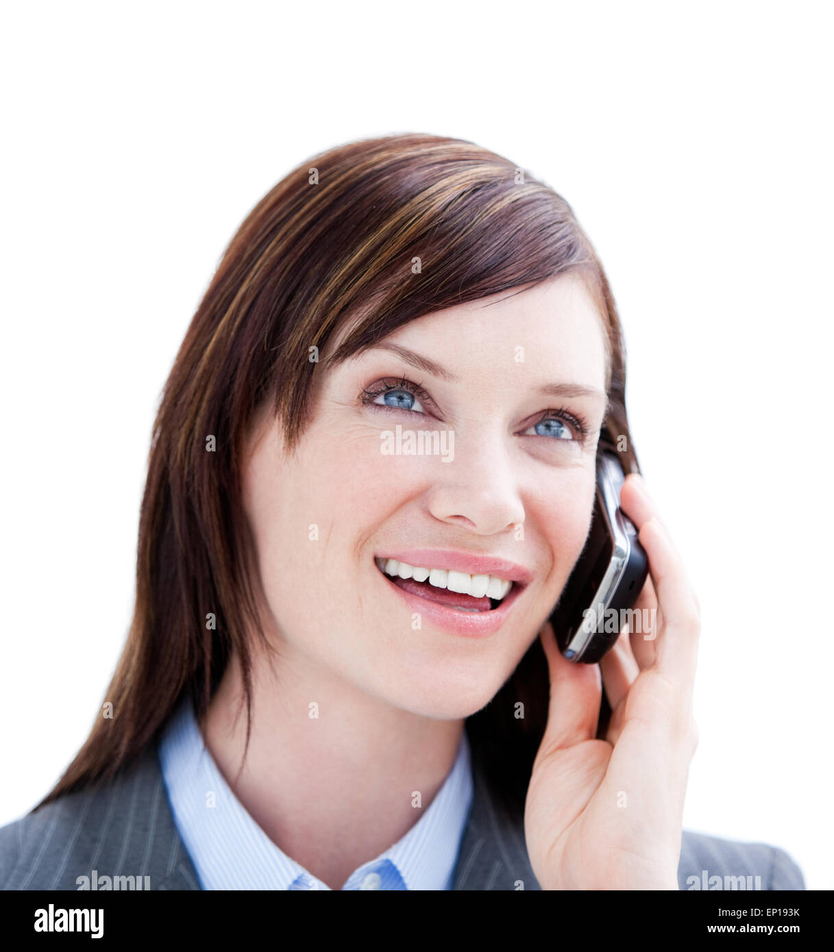 Businessman holding a phone on whitebackground Stock Photo