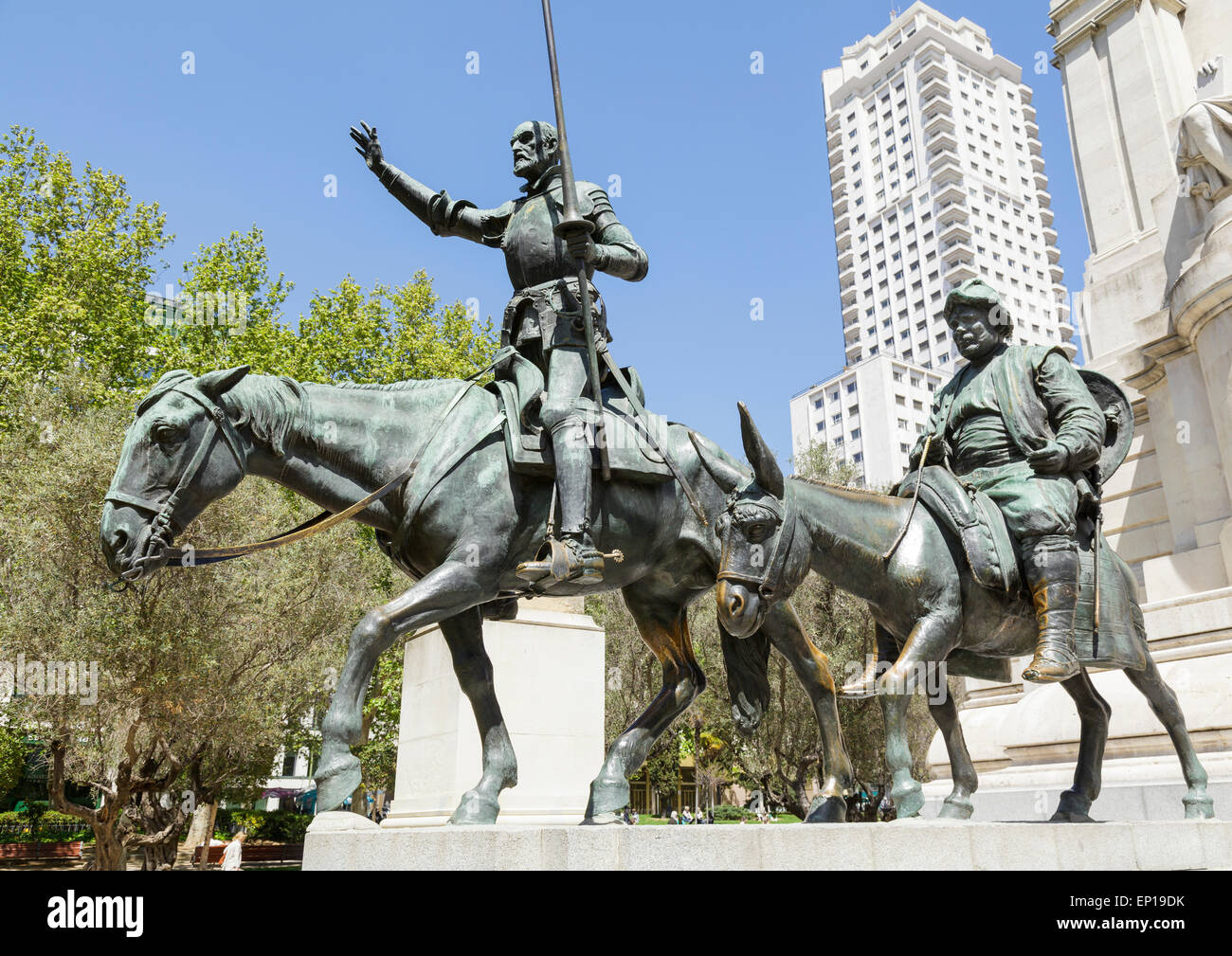 Sculpture of Don Quixote and Sancho Panza in Plaza de Espana Spanish Square, Madrid, Spain