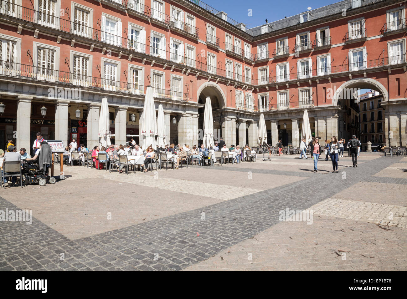 Plaza Mayor with cafes, Madrid, Spain Stock Photo