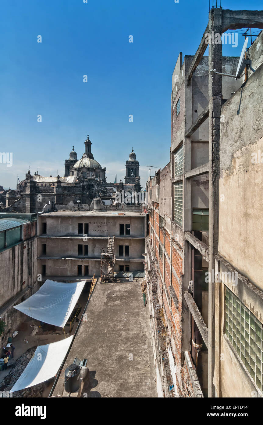 day view of Zocalo downtown with Catedral Metropolitana belfries in Mexico City, Mexico. Stock Photo