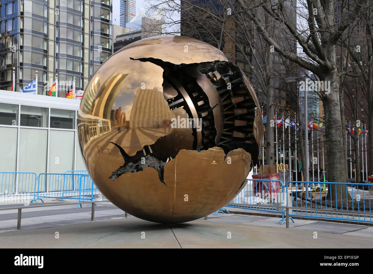 Sphere within a Sphere, 1996. By Arnaldo Pomodoro (b. 1926). Italian sculptor. United Nations, New York city. USA. Stock Photo