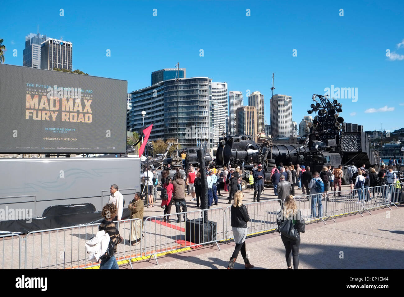 Sydney, Australia. 13th May, 2015. Mad Max Fury Road came to Sydney for the movie premiere and put on a promo at circular quay Stock Photo