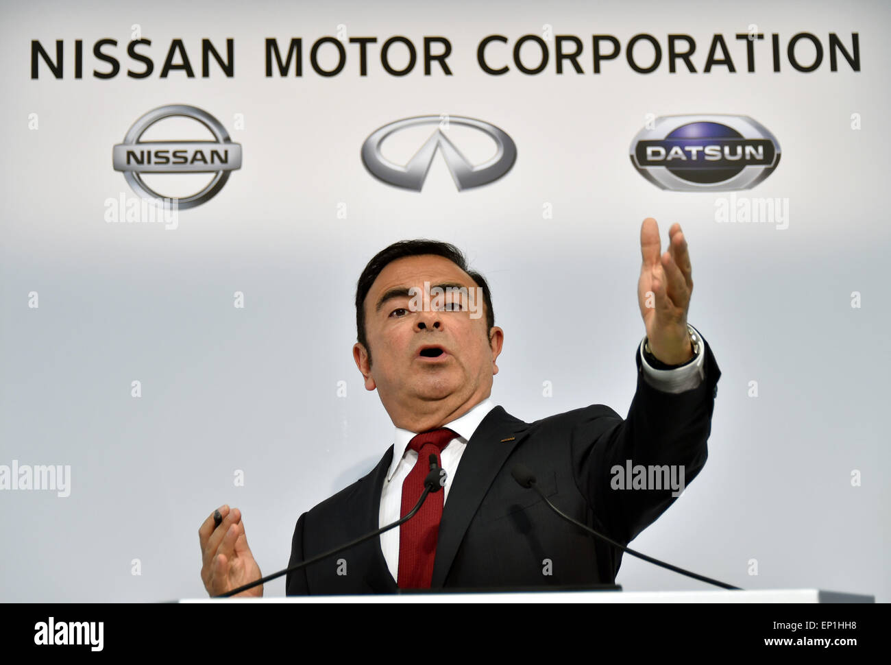 Yokohama, Japan. 13th May, 2015. Nissan Motor CEO Carlos Ghosn speaks during a news conference at its head office in Yokohama, south of Tokyo, on Wedneday, May 13, 2015. Japans second largest automaker forecast net income of 485 billion yen in the current year ending March 31, 2016, from 457.6 billion yen a year earlier. Credit:  Natsuki Sakai/AFLO/Alamy Live News Stock Photo