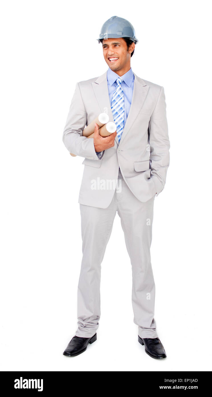 Ethnic architect wearing a hardhat against a white background Stock