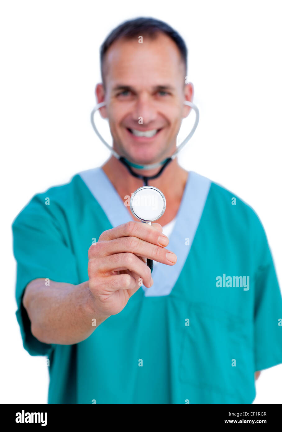 Portrait of a charming male doctor holding a stethoscope against a ...