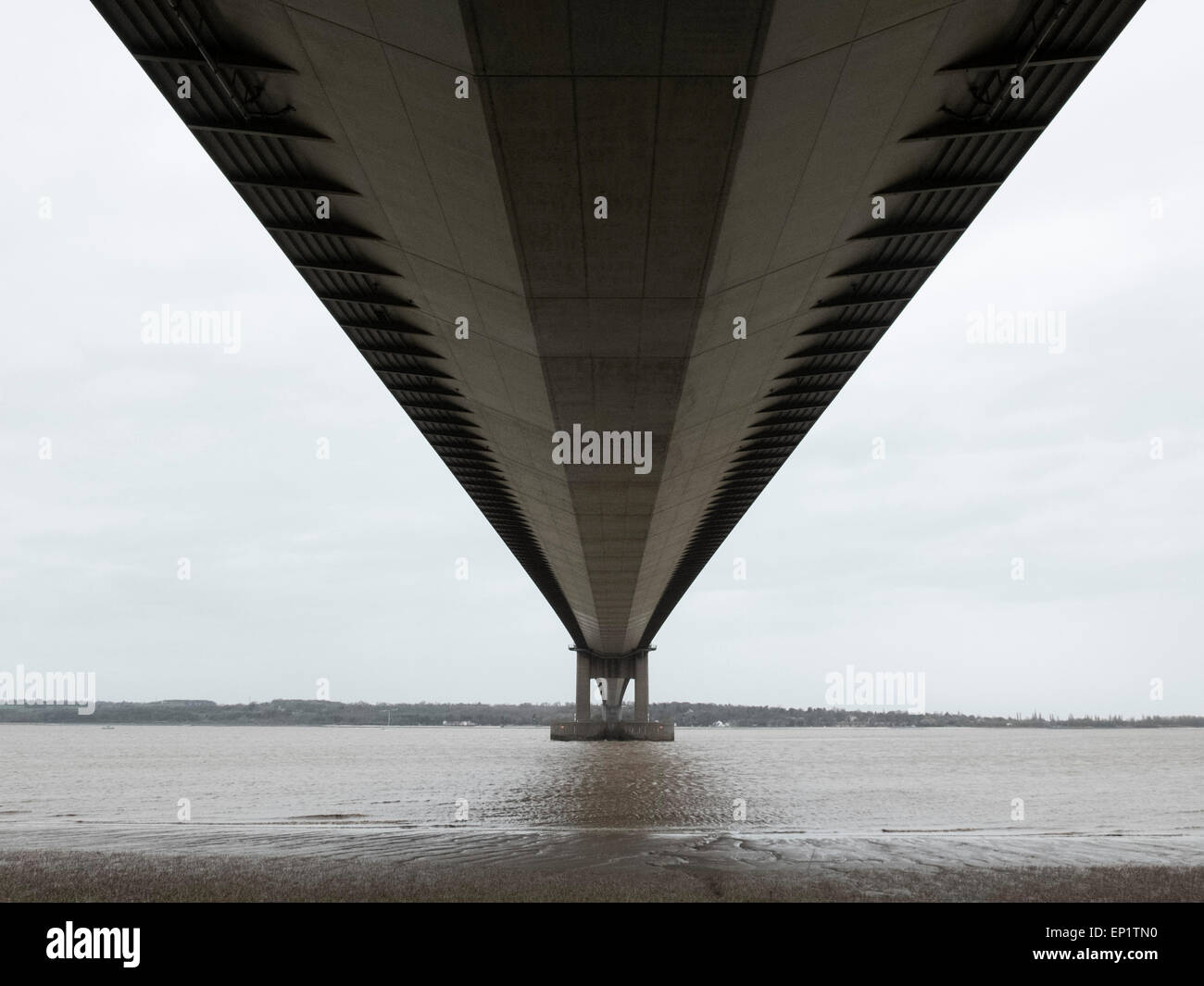 The underside of the Humber bridge viewed from Barton upon Humber in the South towards Hessele. Stock Photo