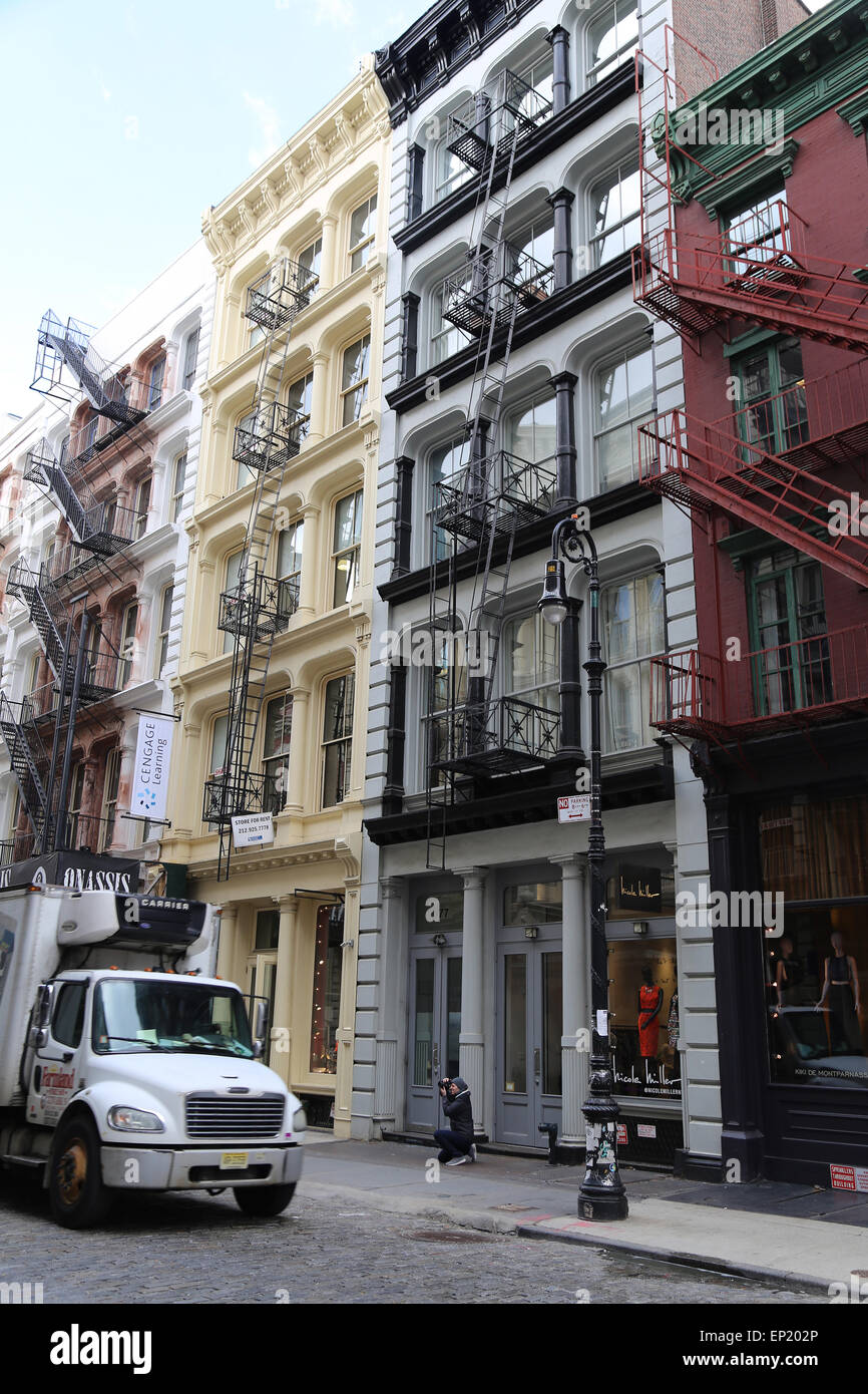 United States. New York City. Lower Manhattan. Soho. Cast-iron architecture. Common-style fire escapes. Stock Photo
