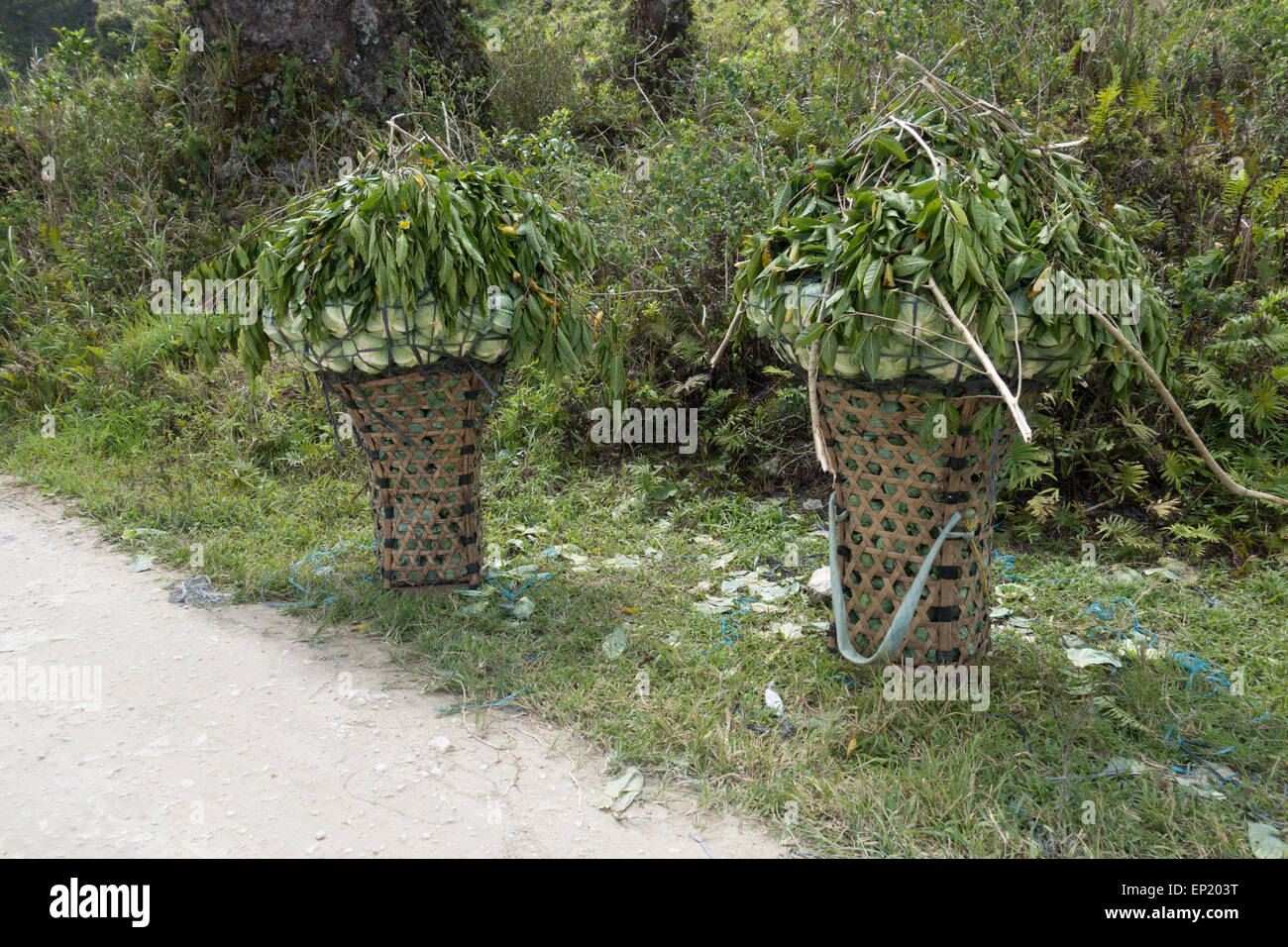 Vegetable baskets by a road, Dalaguete, Cebu, Philippines Stock Photo