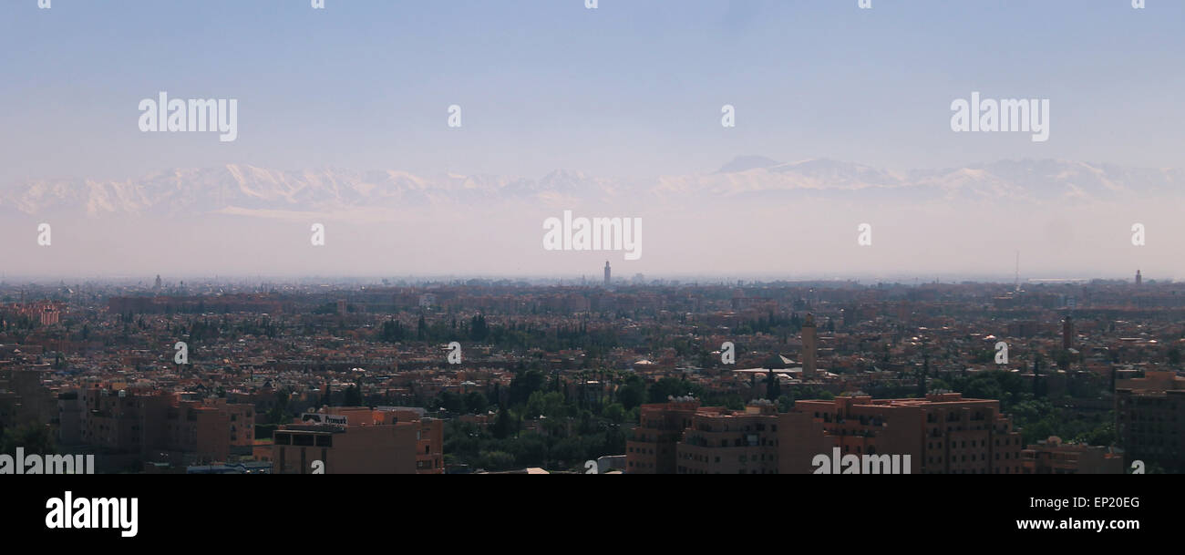 Marrakech skyline with the Atlas mountains in the background, Morocco Stock Photo