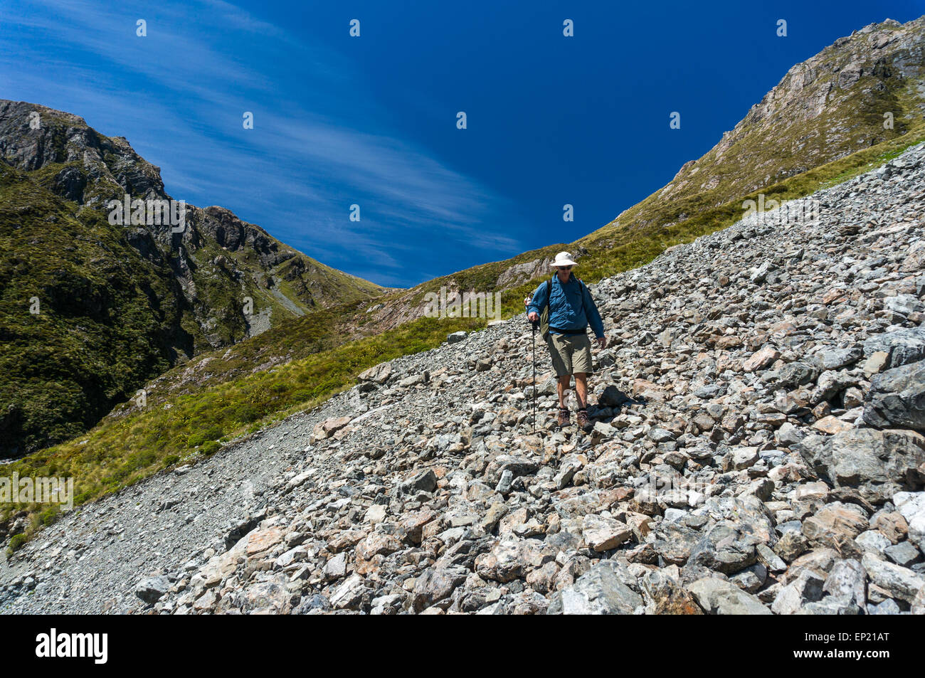 Man walking Across a Scree Slope in Arthur's Pass National Park, New Zealand Stock Photo