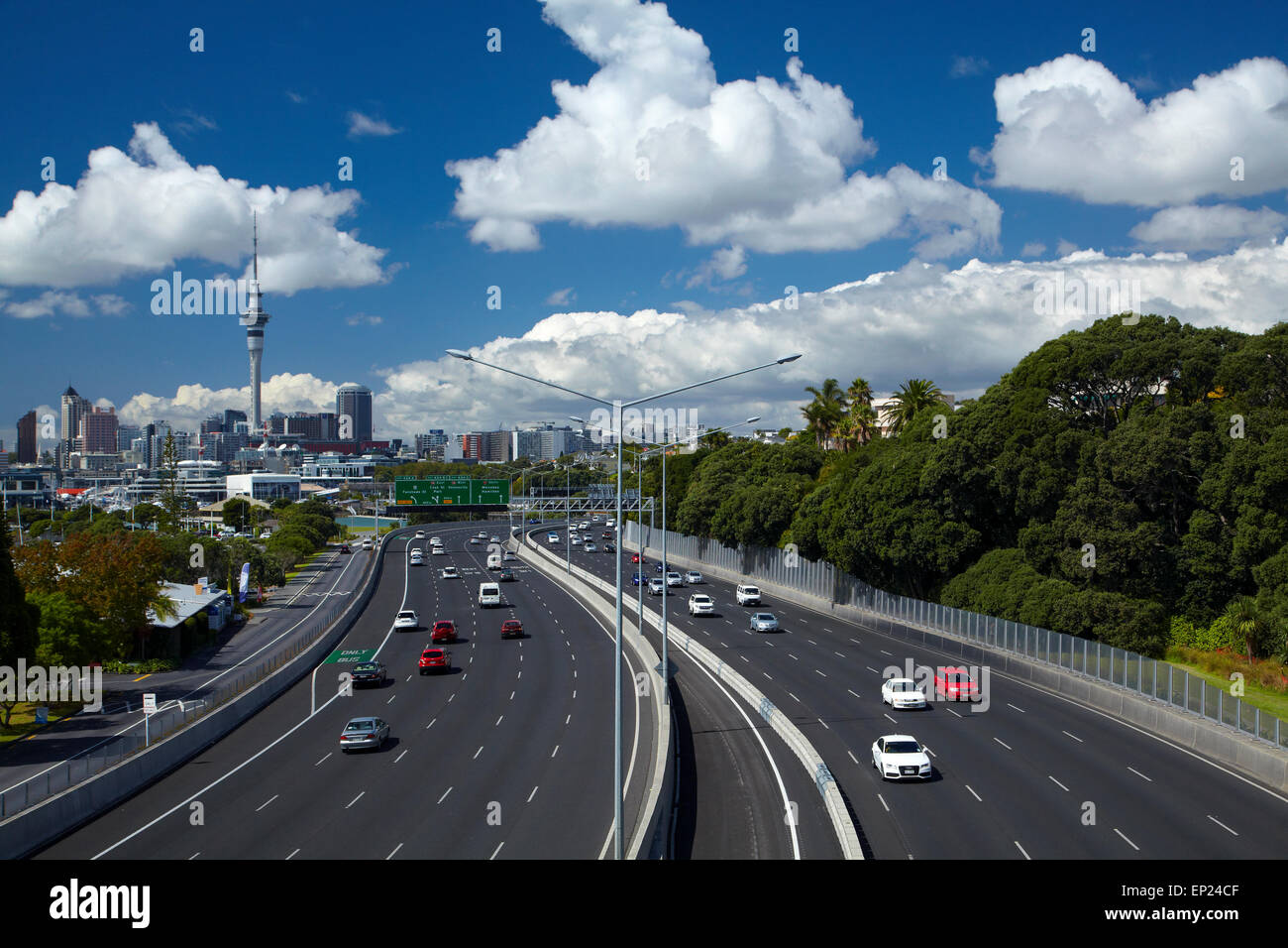 Northern Motorway and Skytower, Auckland, North Island, New Zealand Stock Photo