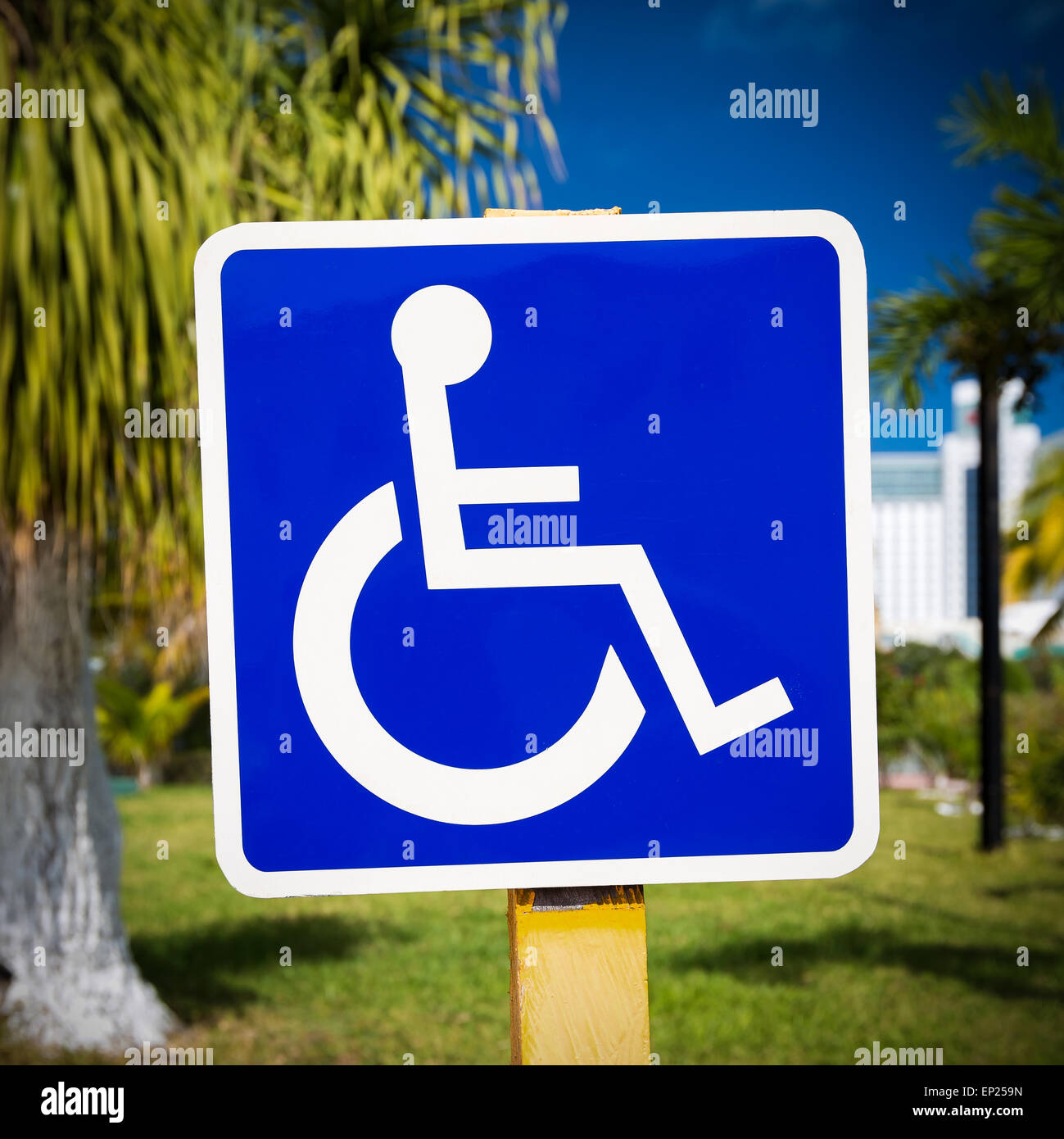 Blue handicapped sign with wheelchair, outdoors Stock Photo