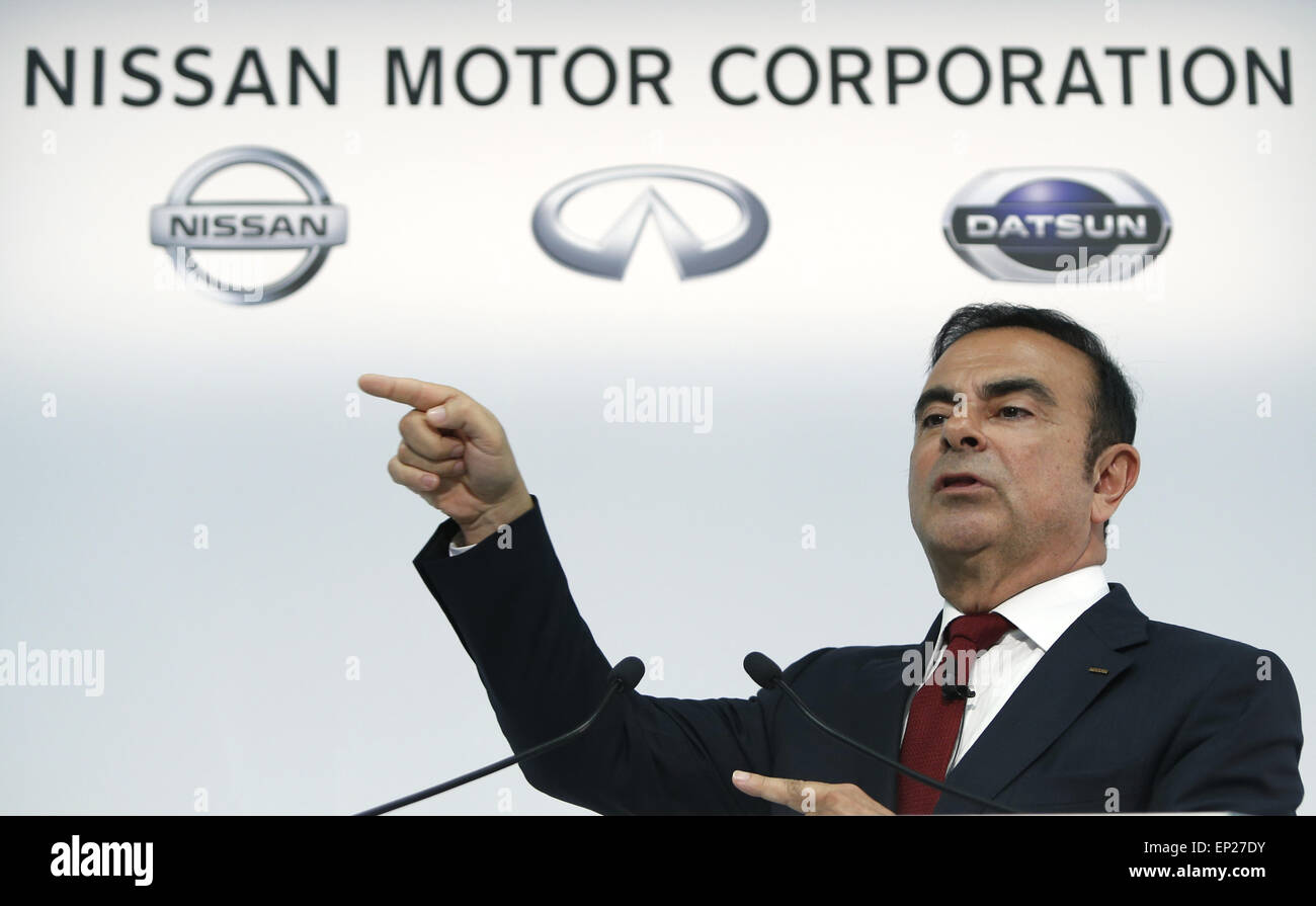 Yokohama, Japan. 13th May, 2015. Nissan Motors Chairman and CEO Carlos Ghosn speaks during a news conference to announce their financial results for the 12 months to March 31, 2015 in Yokohama, near Tokyo, Japan, May 13, 2015. Nissan said operating profit rose to 589.6 billion yen for fiscal year 2014, representing a 5.2% margin on net revenues that reached 11.38 trillion yen (about 94.98 billion U.S. dollars) for the period. © Stringer/Xinhua/Alamy Live News Stock Photo