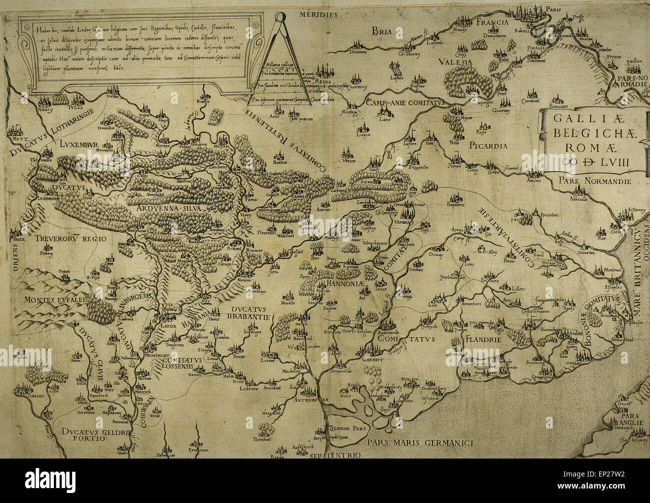 Map of Belgium, France and Luxembourg. Made by Michaelis Tramezini, 1558. Printed by Iacobus Bossius. Stock Photo