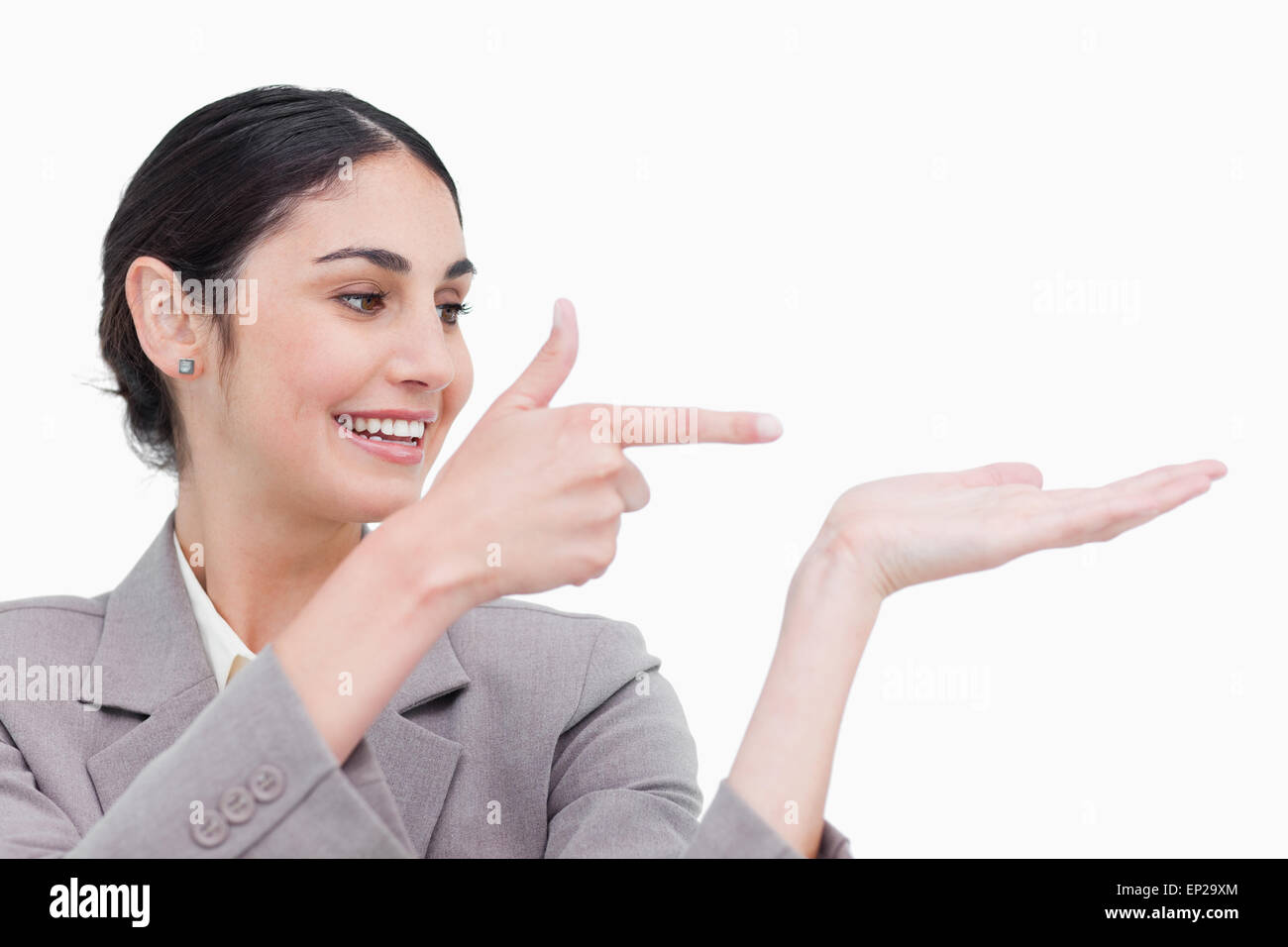 Close up of businesswoman pointing at her palm Stock Photo - Alamy