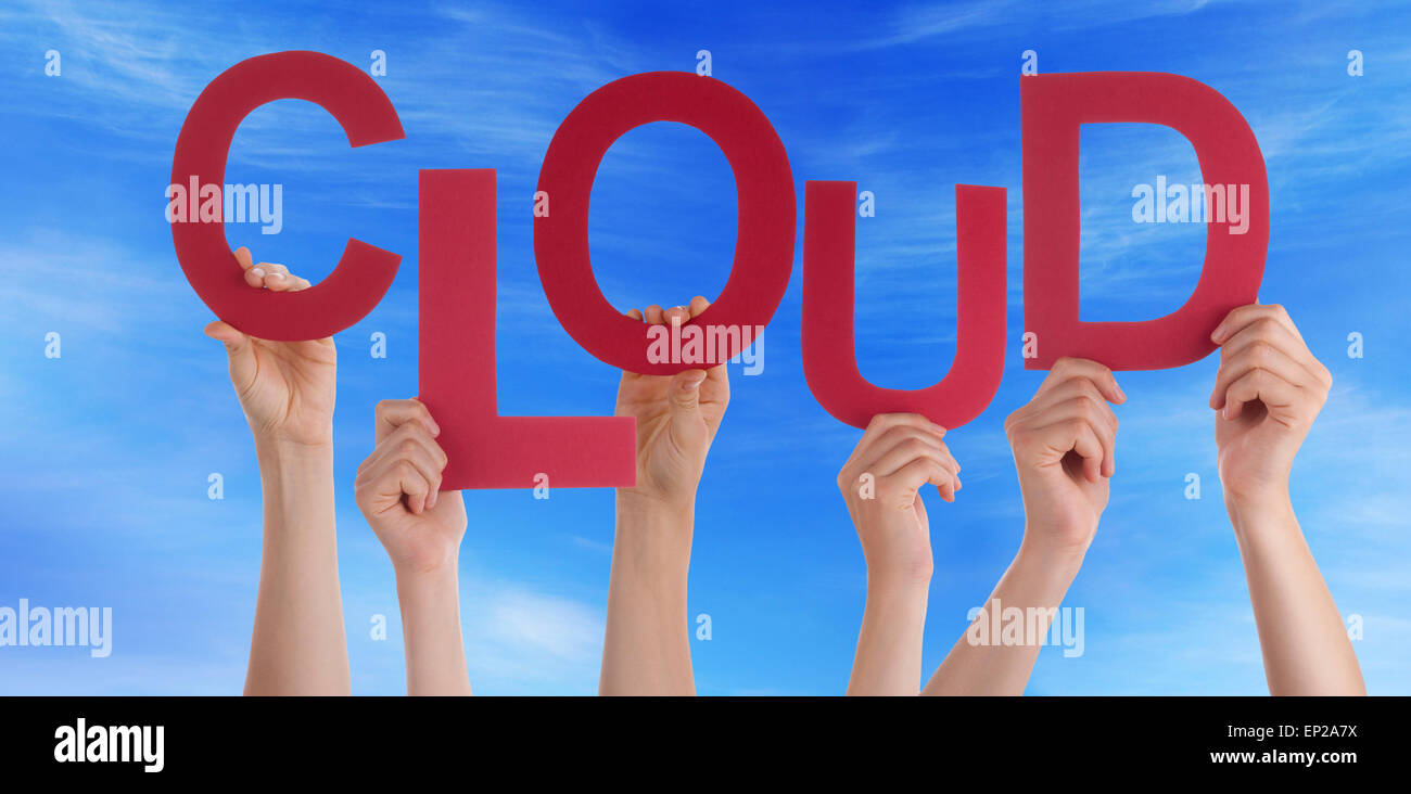 Many People Hands Holding Red Word Cloud Blue Sky Stock Photo - Alamy
