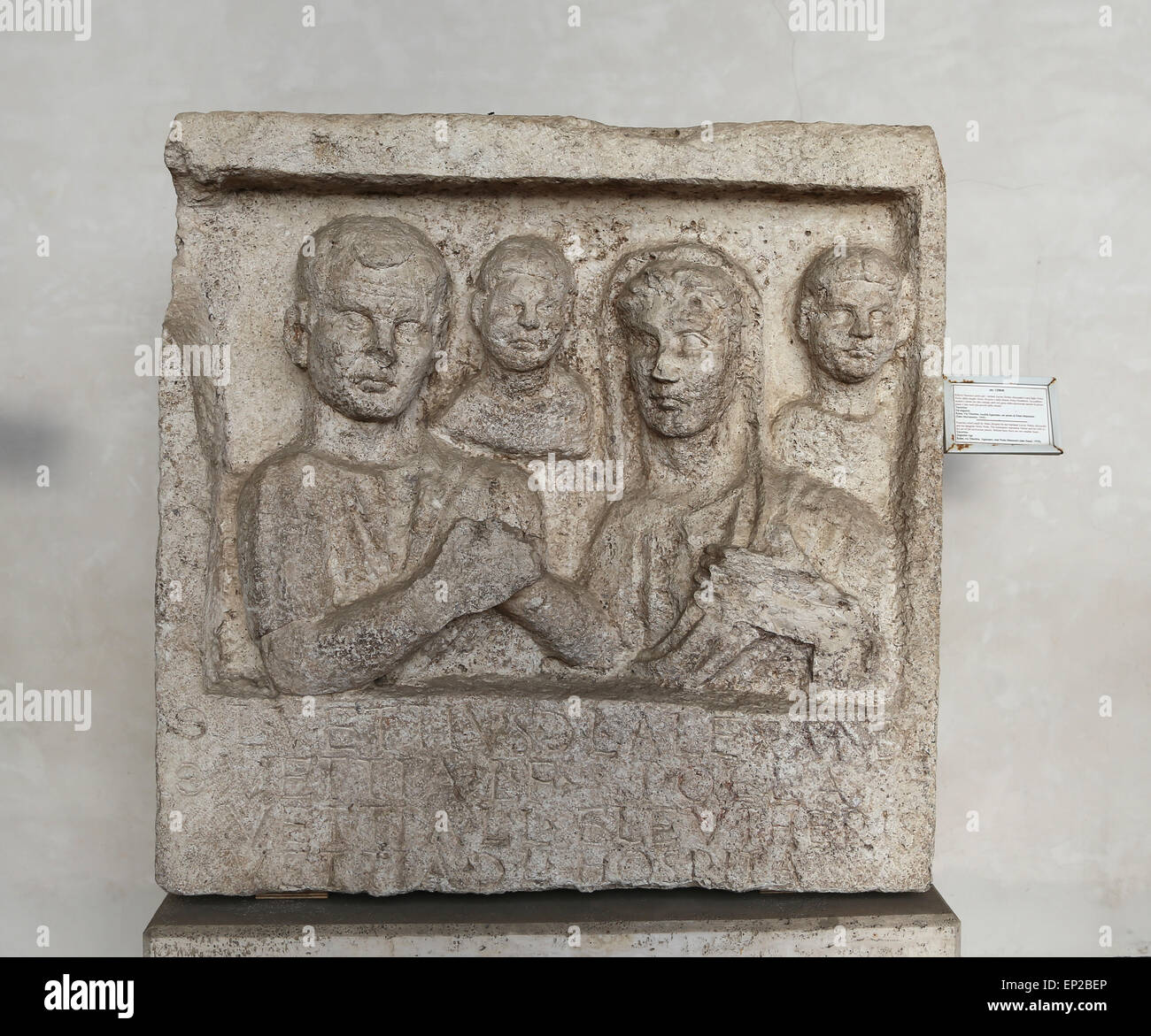 Funerary relief. Vettius and his wife in the act the dextrarum iunctio with 2 smaller busts. Augustan Age. Rome. Via Tiburtina. Stock Photo