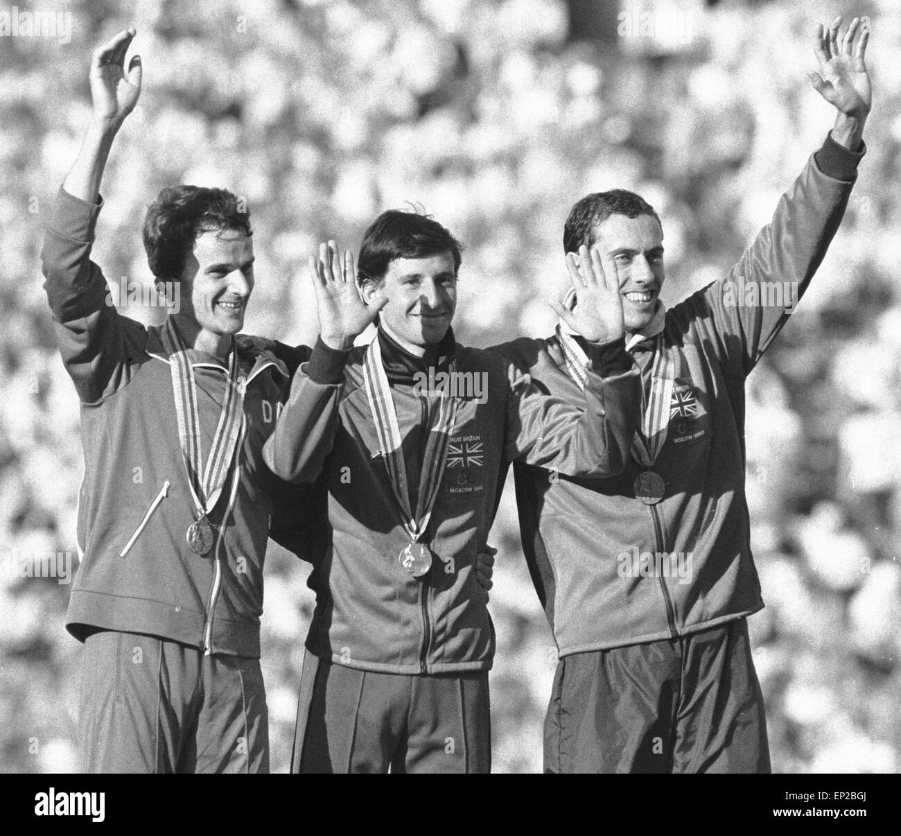 Seb Coe winner of the 1500 metre at the 1980 Moscow Olympic Games seen here with JŸrgen Straub (left) and Steve Ovett (right) during the medal ceremony at the Olympic stadium. 1st August 1980 Stock Photo