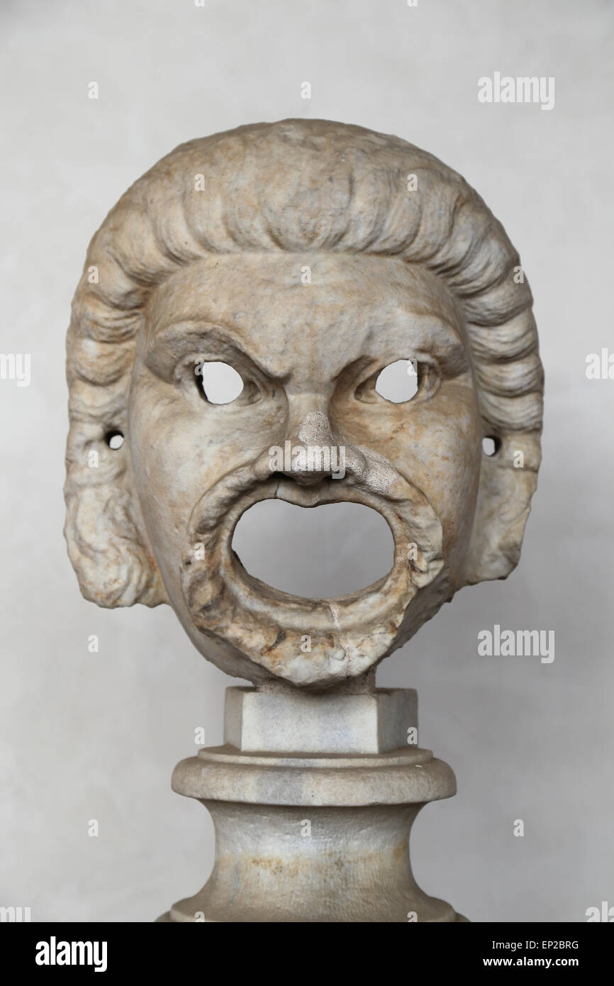 Male comic mask. White marble. 2nd century AD. Unknown provenance. National Roman Museum. Baths of Diocletian. Rome. Italy. Stock Photo