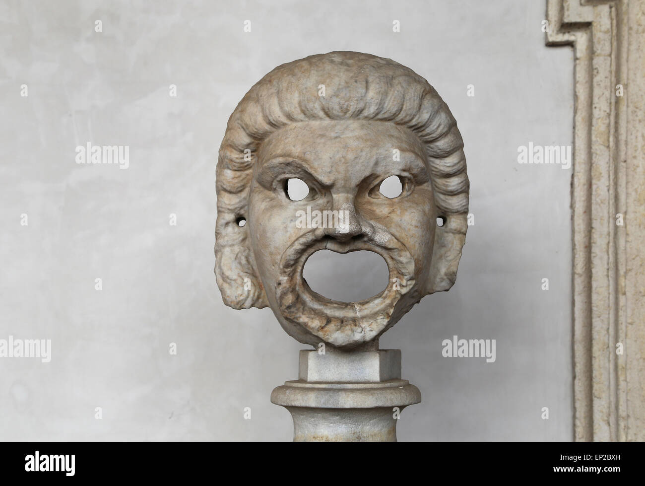 Male comic mask. White marble. 2nd century AD. Unknown provenance. National Roman Museum. Baths of Diocletian. Rome. Italy. Stock Photo