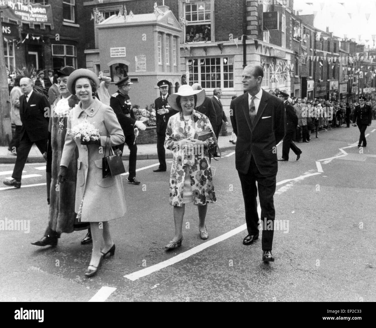 The Queen visits Congleton, Manchester 4th May 1972. Walking down High Street with Mayor & Mayoress, Councillor Mr & Mrs Frank Bowers. Stock Photo
