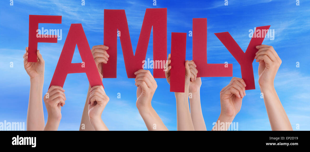 Many People Hands Holding Red Word Family Blue Sky Stock Photo