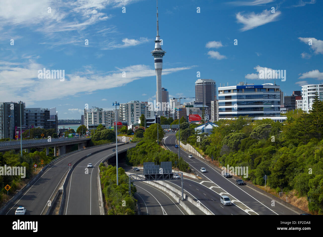 Motorways and Skytower, Auckland, North Island, New Zealand Stock Photo