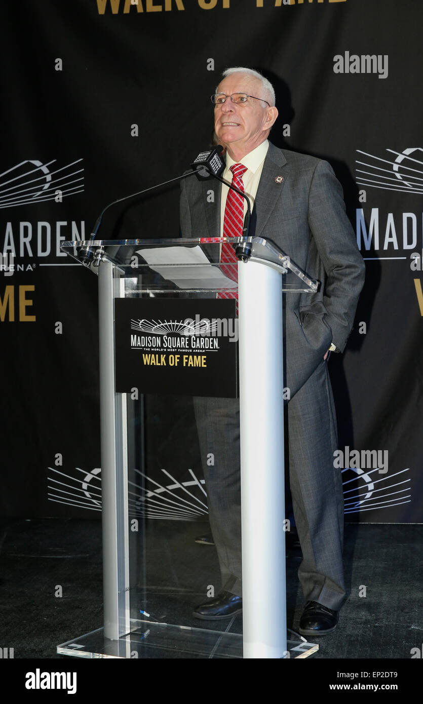 New York, NY - May 11, 2015: Eddie Giacomin speaks at the Madison Square Garden 2015 Walk of Fame Inductions Ceremony at Madison Square Garden Stock Photo